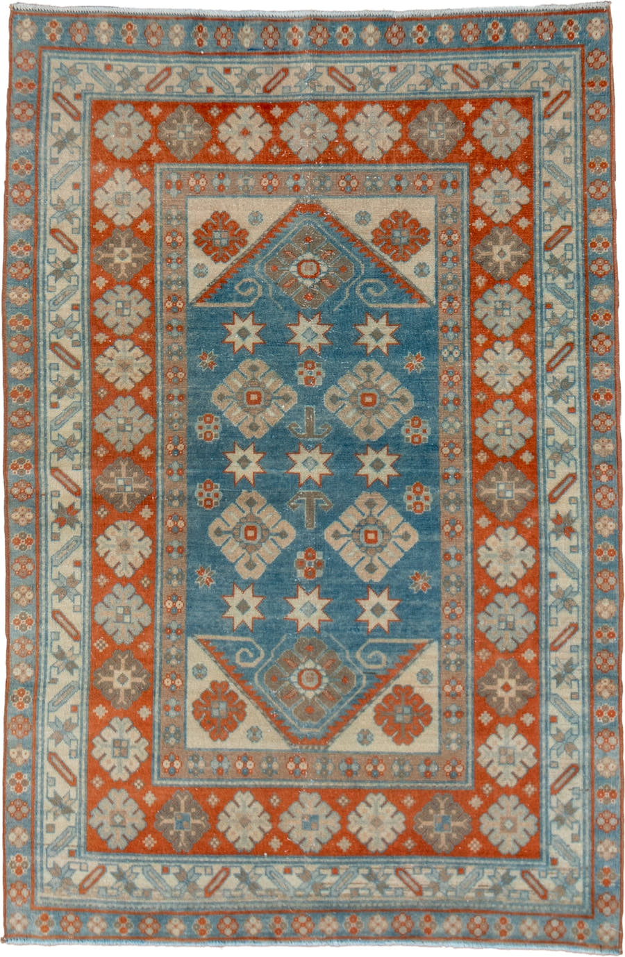 3' x 5' one-of-a-kind handmade vintage Shirvan small size rug. Color palette: sky blue, rust, ivory, light blue, taupe