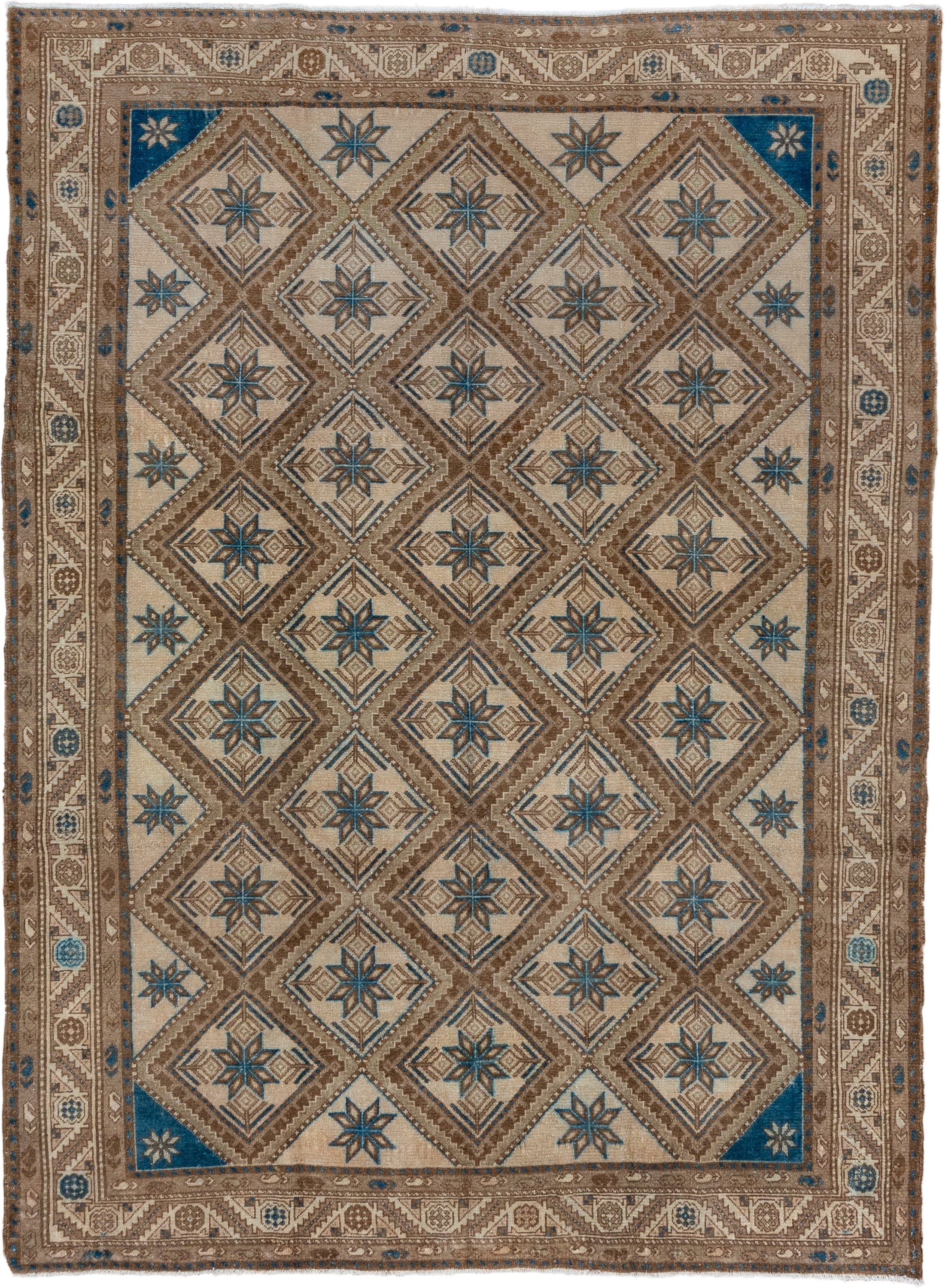 7' x 9' one-of-a-kind handmade vintage Malayer rug. Color palette: ivory, taupe, brown, sky blue, camel, slate, beige, gray