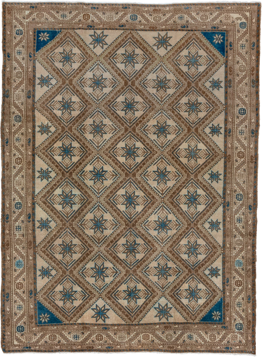 7' x 9' one-of-a-kind handmade vintage Malayer rug. Color palette: ivory, taupe, brown, sky blue, camel, slate, beige, gray