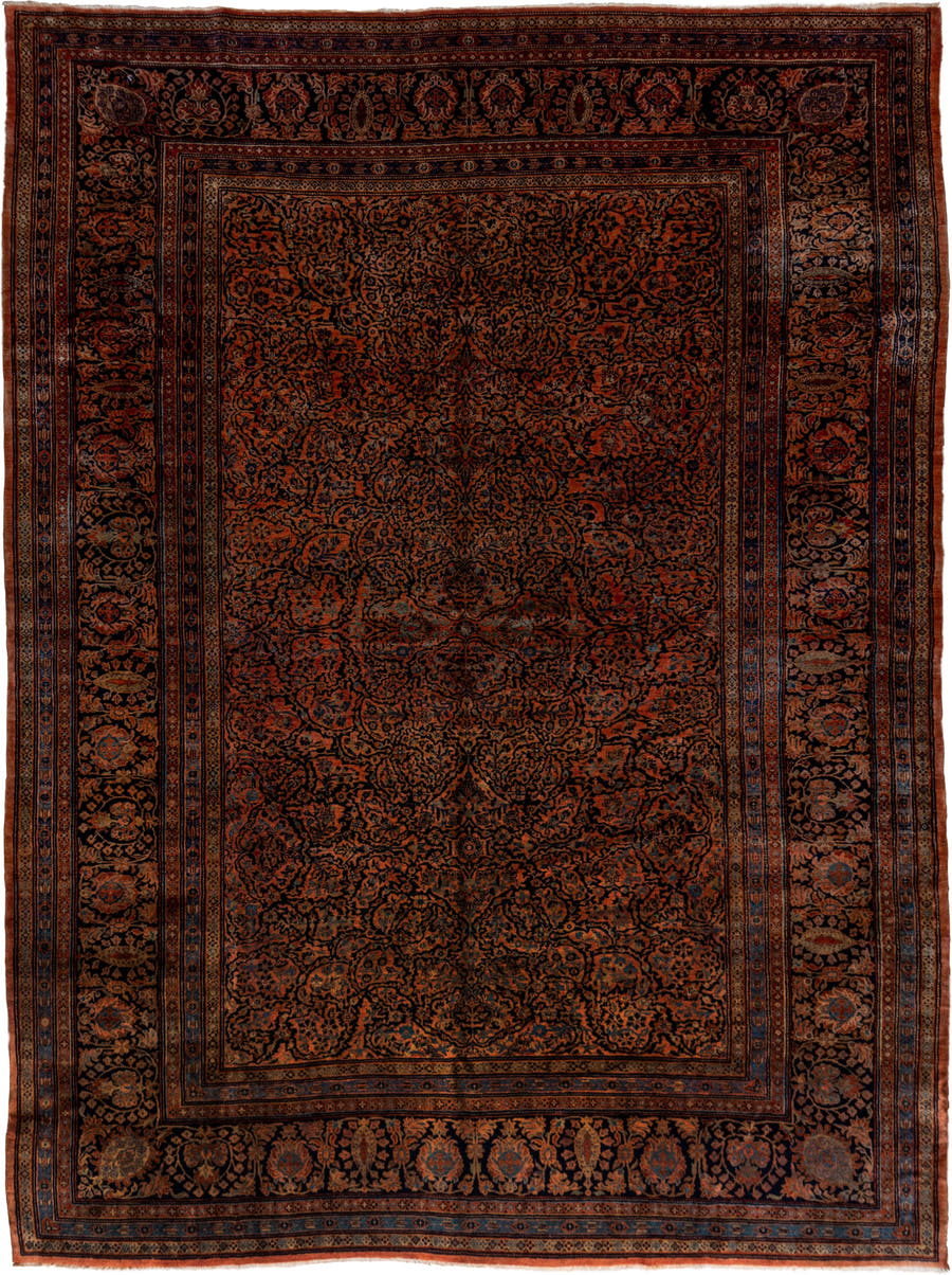 10' x 13' one-of-a-kind handmade vintage Sarouk large size rug. Color palette: rust, navy, charcoal, terra cotta, slate