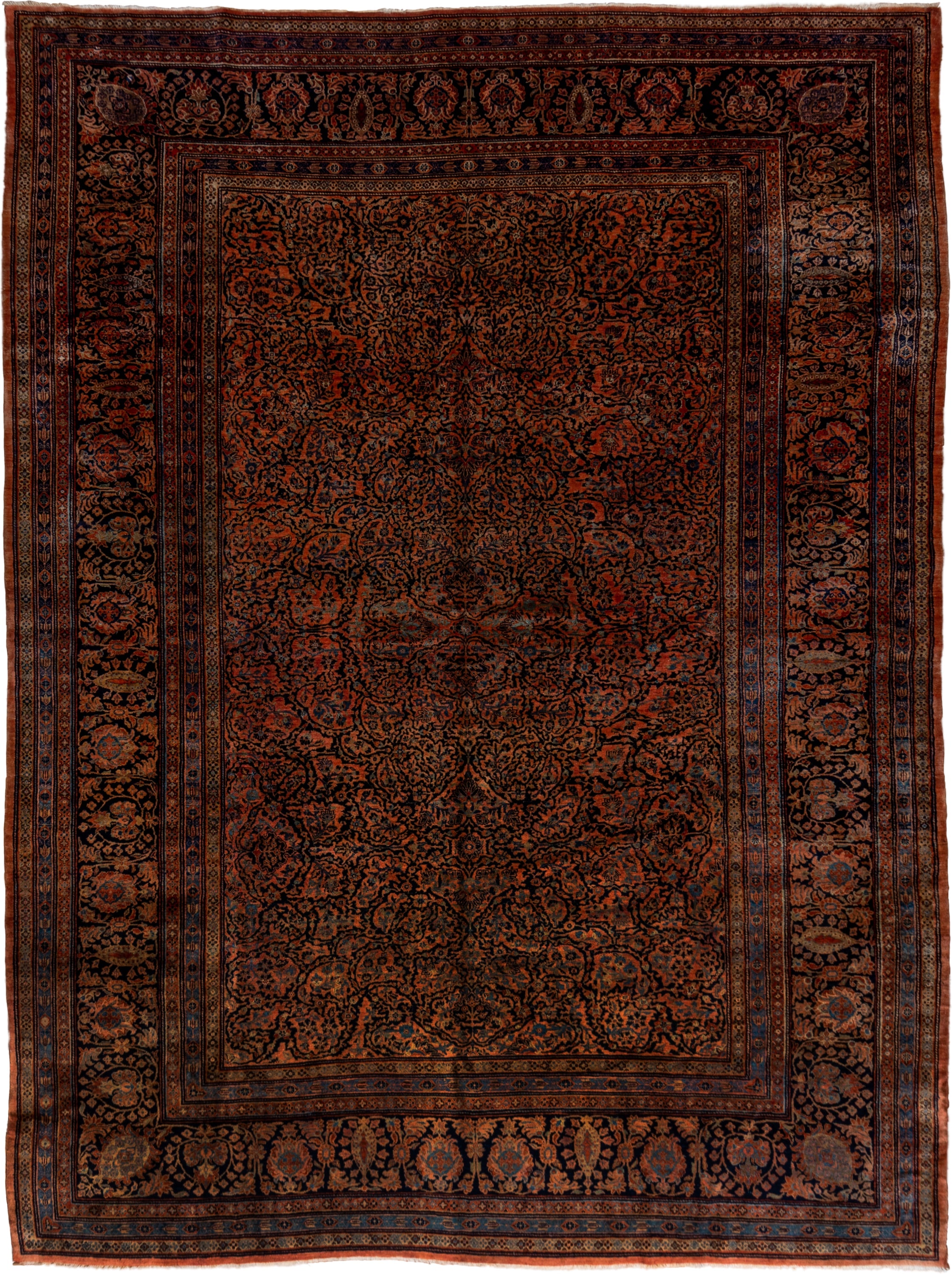 10' x 13' one-of-a-kind handmade vintage Sarouk large size rug. Color palette: rust, navy, charcoal, terra cotta, slate