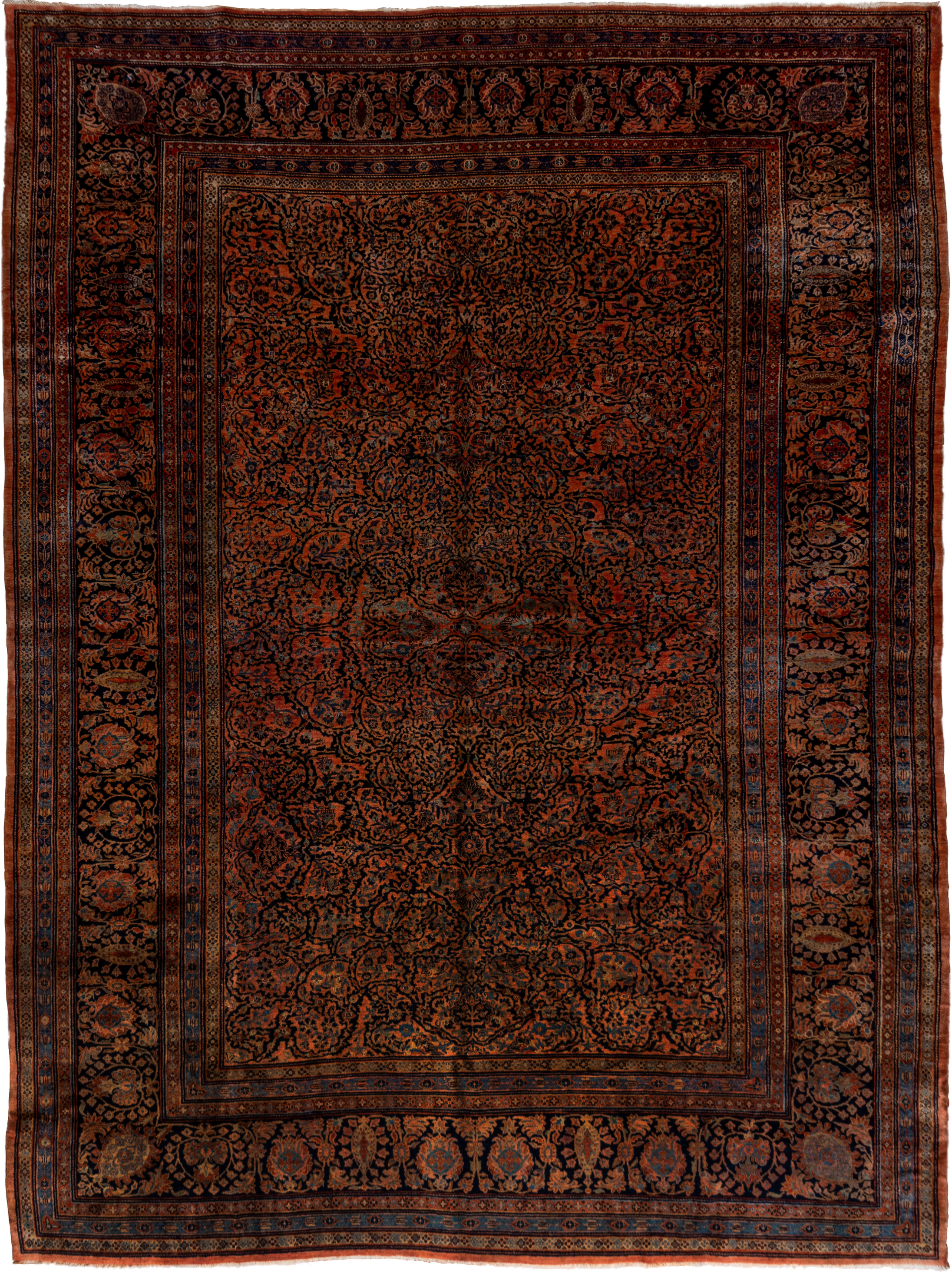 10' x 13' one-of-a-kind handmade vintage Sarouk large size rug. Color palette: rust, navy, charcoal, terra cotta, slate