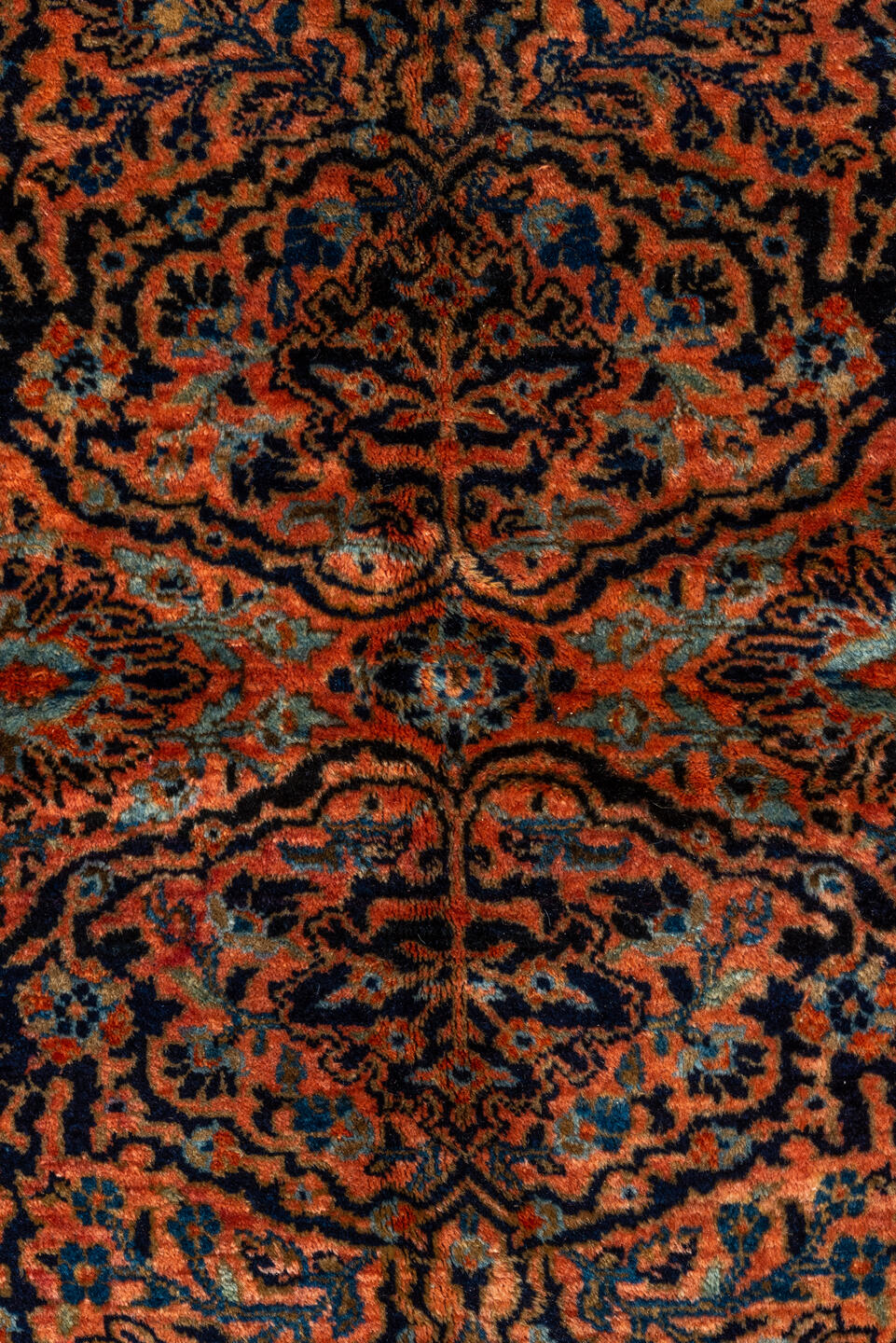 10' x 13' one-of-a-kind handmade vintage Sarouk large size rug. Color palette: rust, navy, charcoal, terra cotta, slate