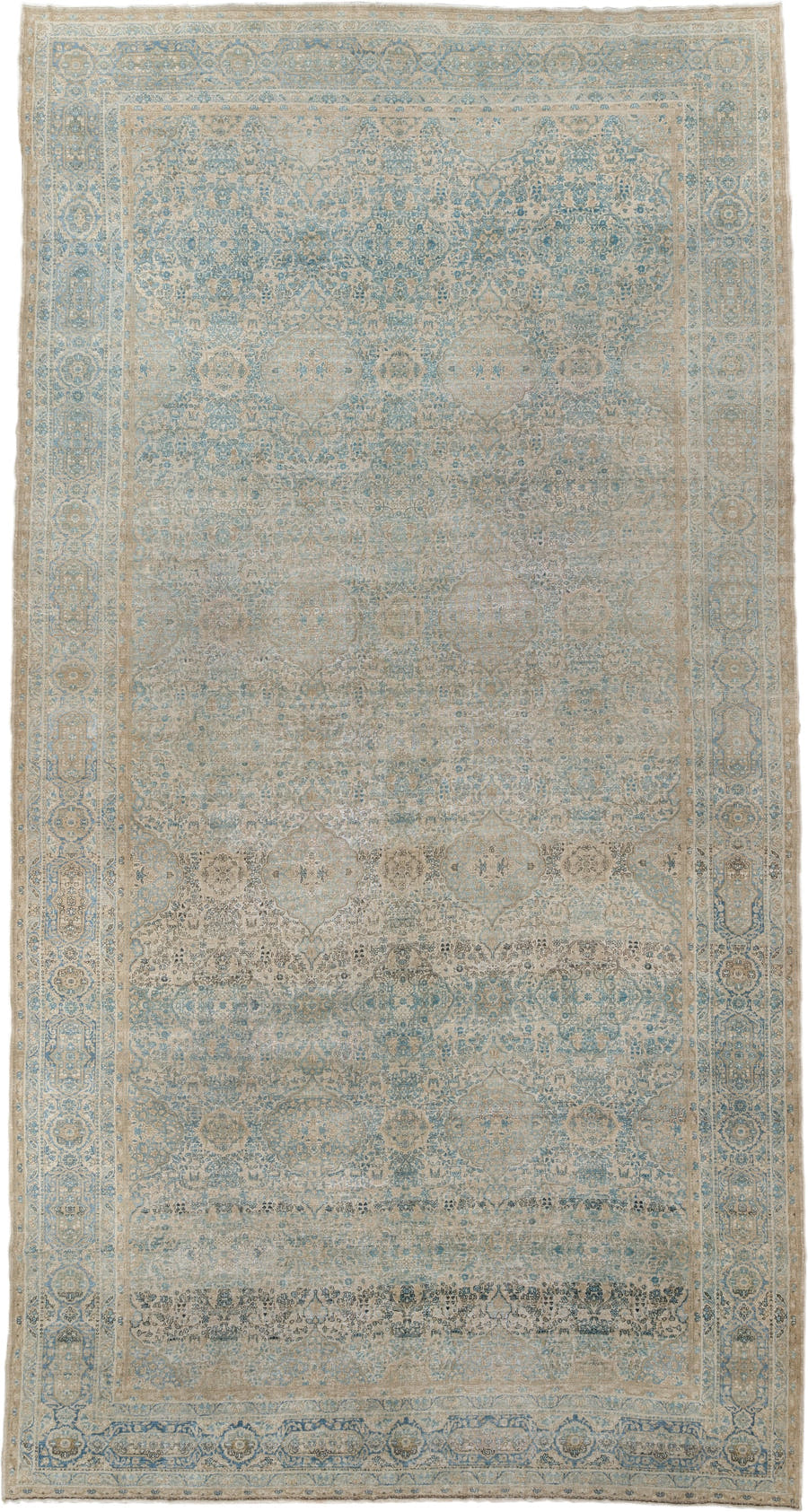 12' x 23' one-of-a-kind handmade vintage Kerman oversize rug. Color palette: ivory, sky blue, taupe, beige, slate, sand