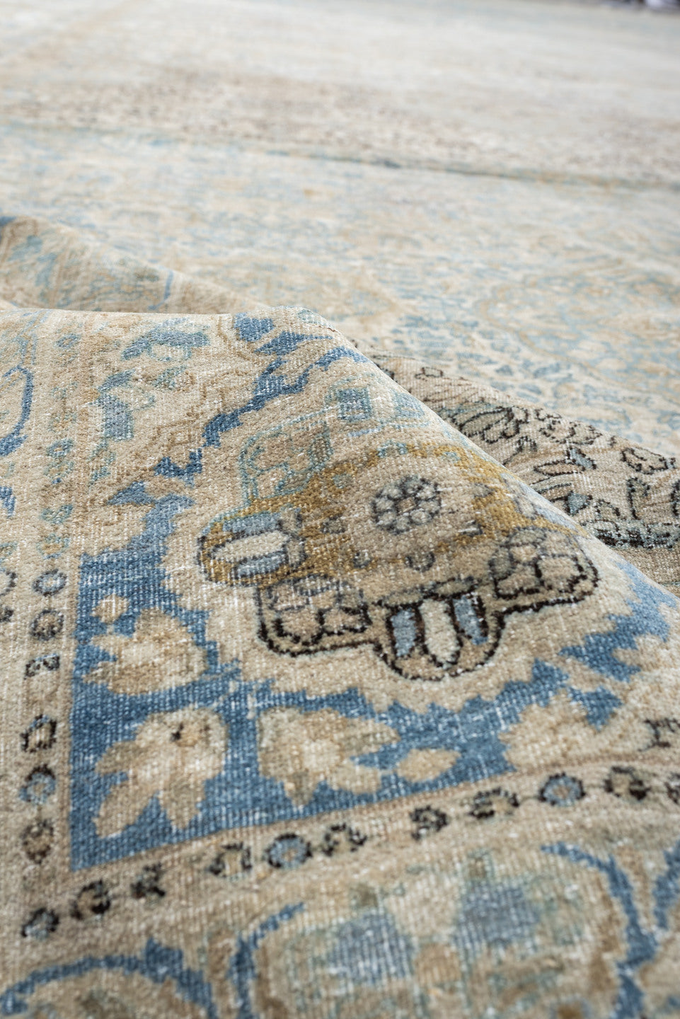 12' x 23' one-of-a-kind handmade vintage Kerman oversize rug. Color palette: ivory, sky blue, taupe, beige, slate, sand