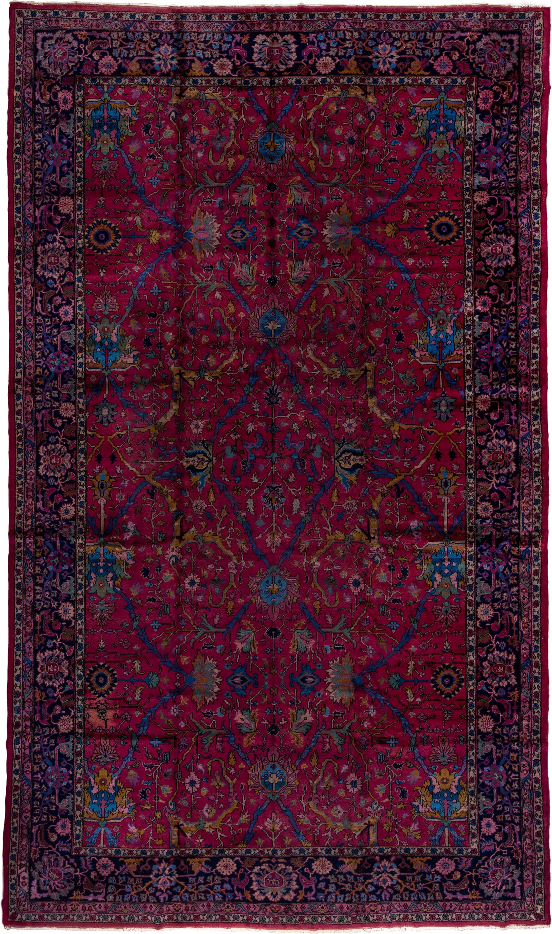 11' x 20' one-of-a-kind handmade vintage Agra oversize rug. Color palette: raspberry, navy, sky blue, rose, gold, burgundy