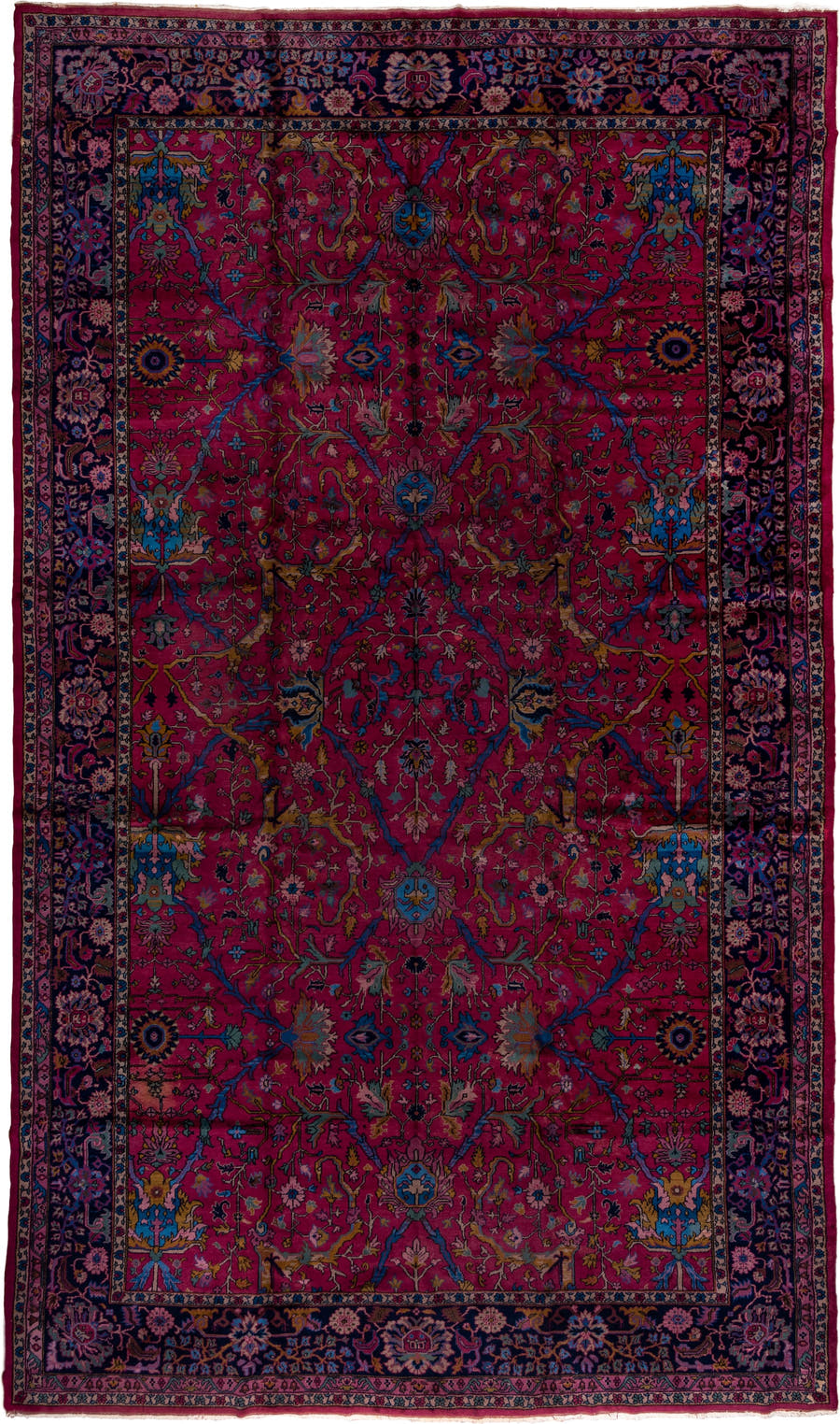11' x 20' one-of-a-kind handmade vintage Agra oversize rug. Color palette: raspberry, navy, sky blue, rose, gold, burgundy