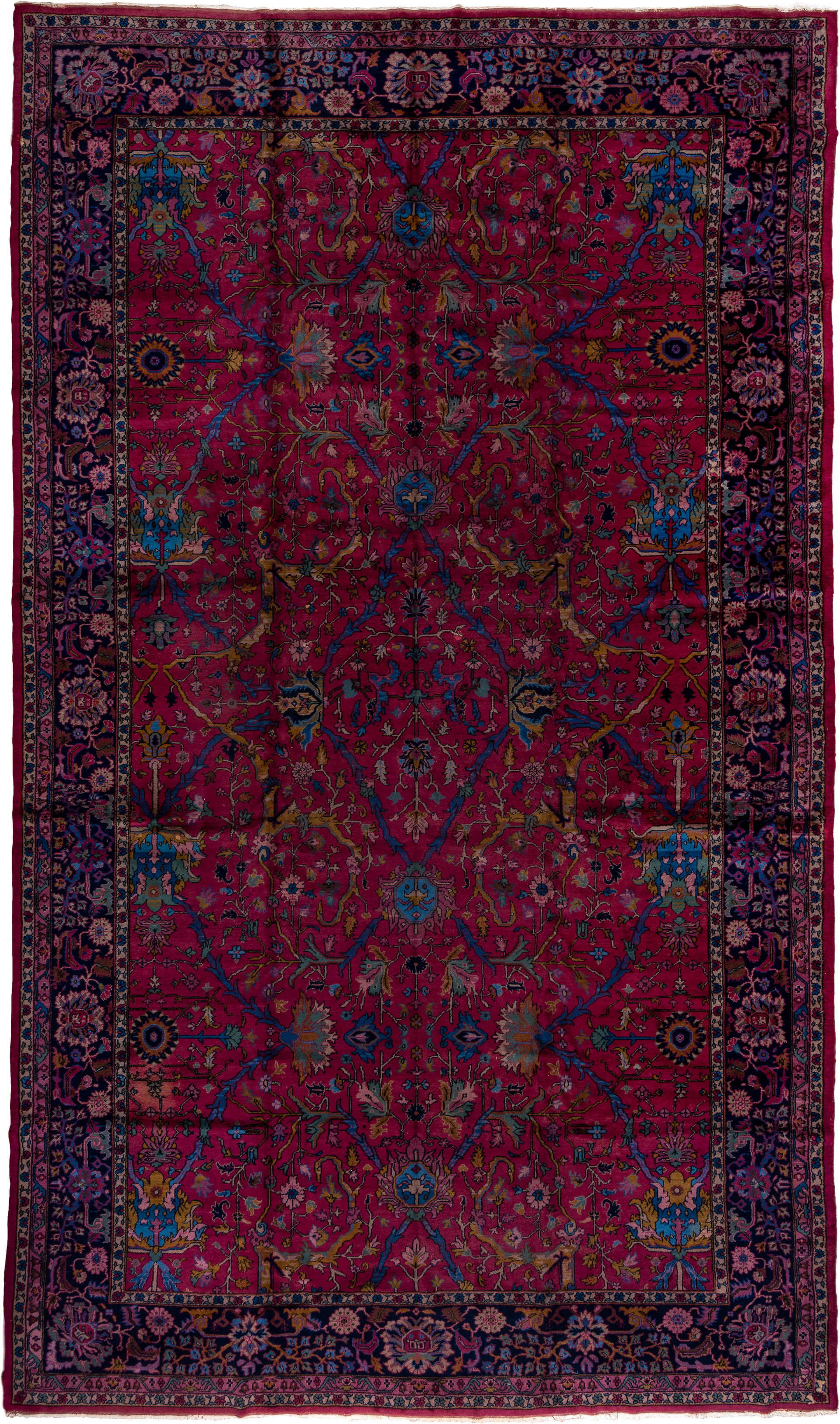 11' x 20' one-of-a-kind handmade vintage Agra oversize rug. Color palette: raspberry, navy, sky blue, rose, gold, burgundy