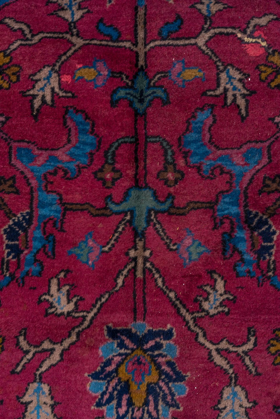 11' x 20' one-of-a-kind handmade vintage Agra oversize rug. Color palette: raspberry, navy, sky blue, rose, gold, burgundy