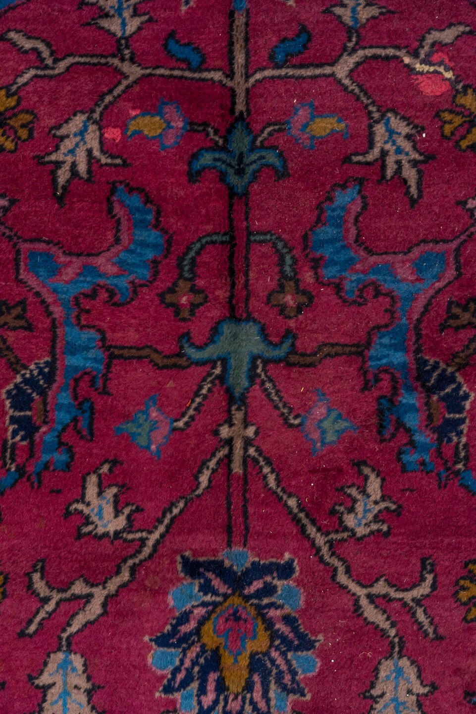 11' x 20' one-of-a-kind handmade vintage Agra oversize rug. Color palette: raspberry, navy, sky blue, rose, gold, burgundy