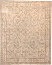 12' x 14' one-of-a-kind handmade antique Oushak oversize rug. Color palette: ivory, beige, taupe, camel, sand, gray