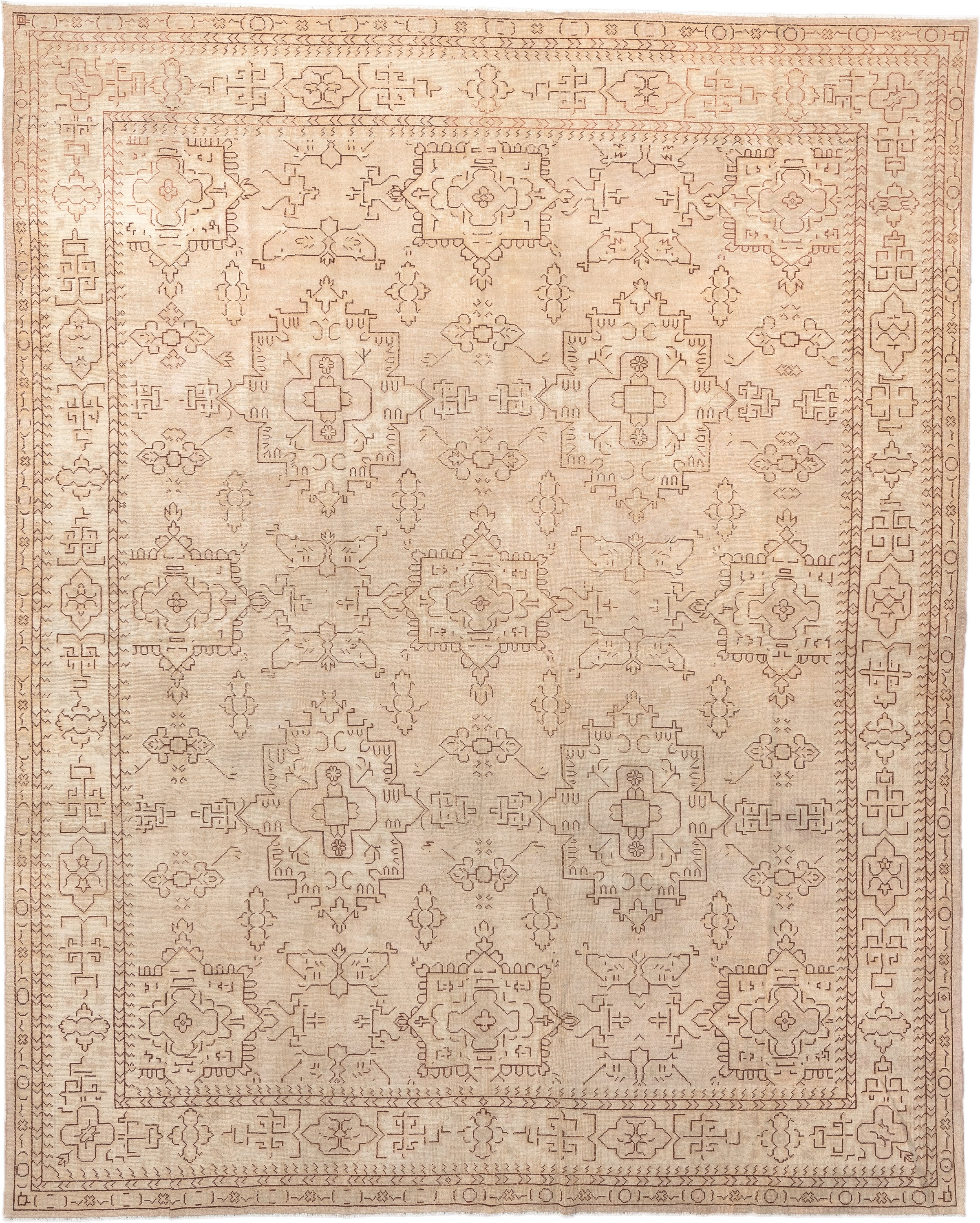 12' x 14' one-of-a-kind handmade antique Oushak oversize rug. Color palette: ivory, beige, taupe, camel, sand, gray