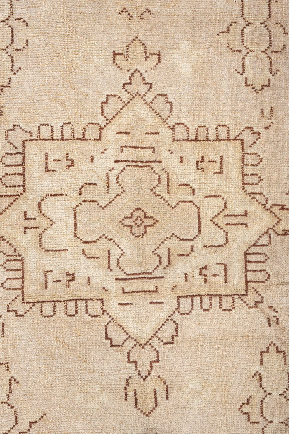 12' x 14' one-of-a-kind handmade antique Oushak oversize rug. Color palette: ivory, beige, taupe, camel, sand, gray