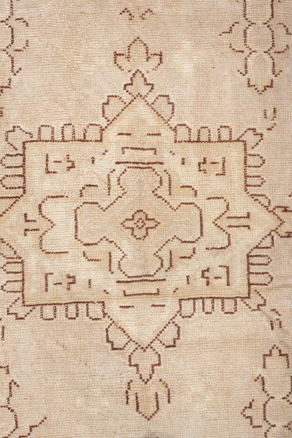 12' x 14' one-of-a-kind handmade antique Oushak oversize rug. Color palette: ivory, beige, taupe, camel, sand, gray
