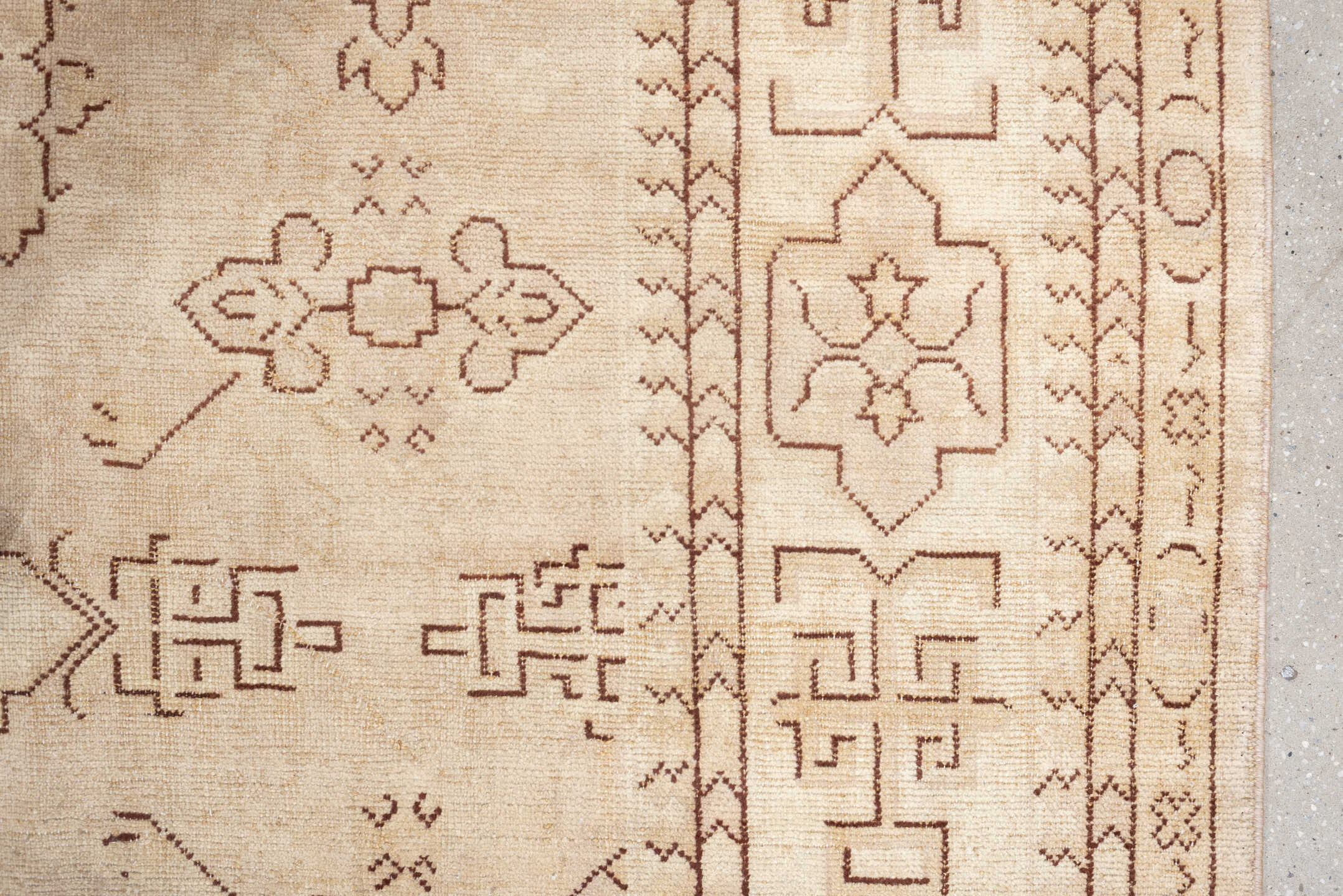 12' x 14' one-of-a-kind handmade antique Oushak oversize rug. Color palette: ivory, beige, taupe, camel, sand, gray