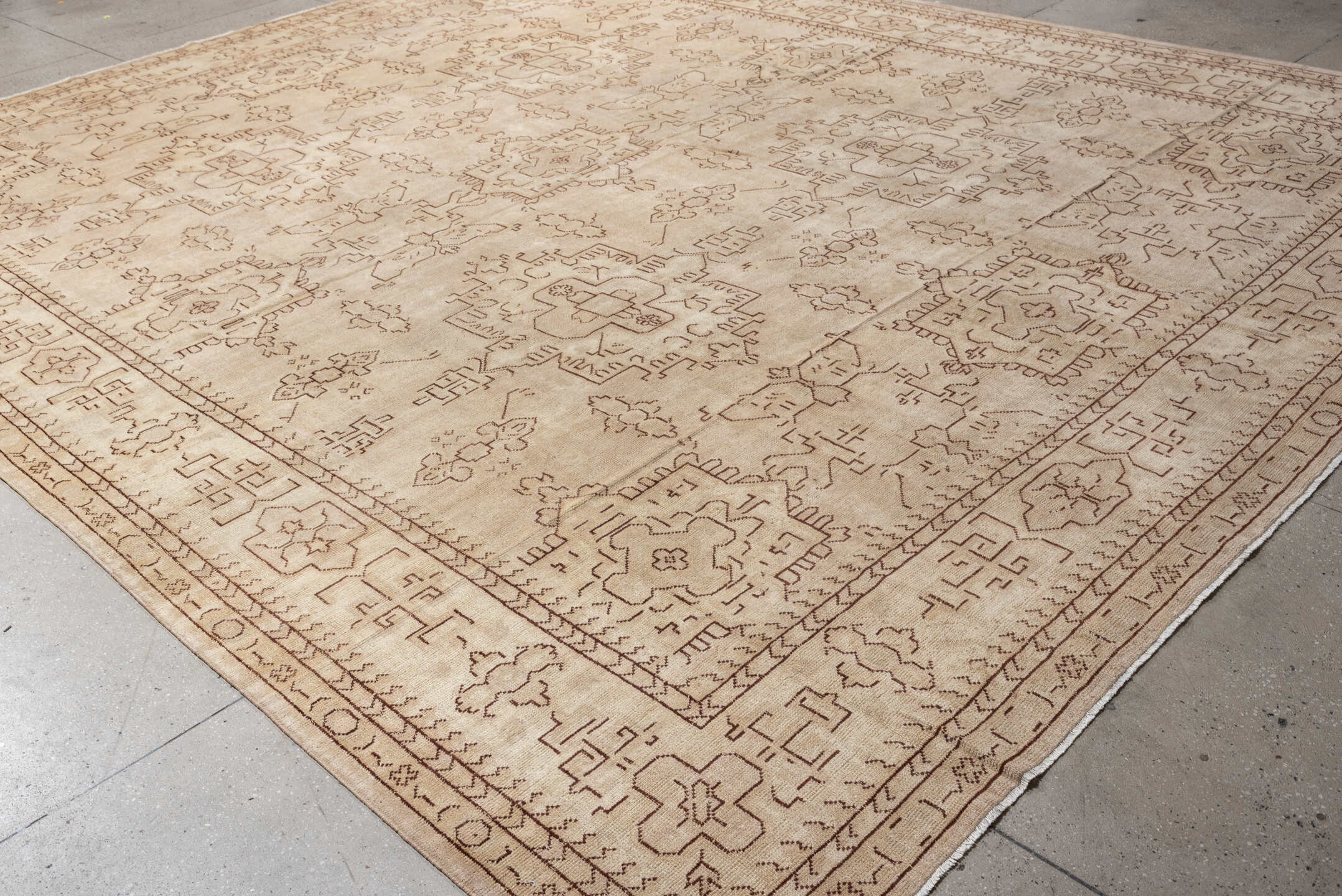 12' x 14' one-of-a-kind handmade antique Oushak oversize rug. Color palette: ivory, beige, taupe, camel, sand, gray