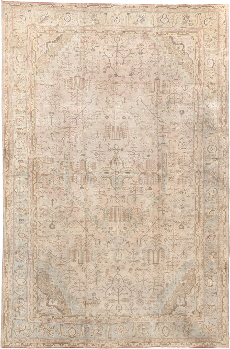12' x 18' one-of-a-kind handmade antique Oushak oversize rug. Color palette: ivory, taupe, pale blue, faded terracotta