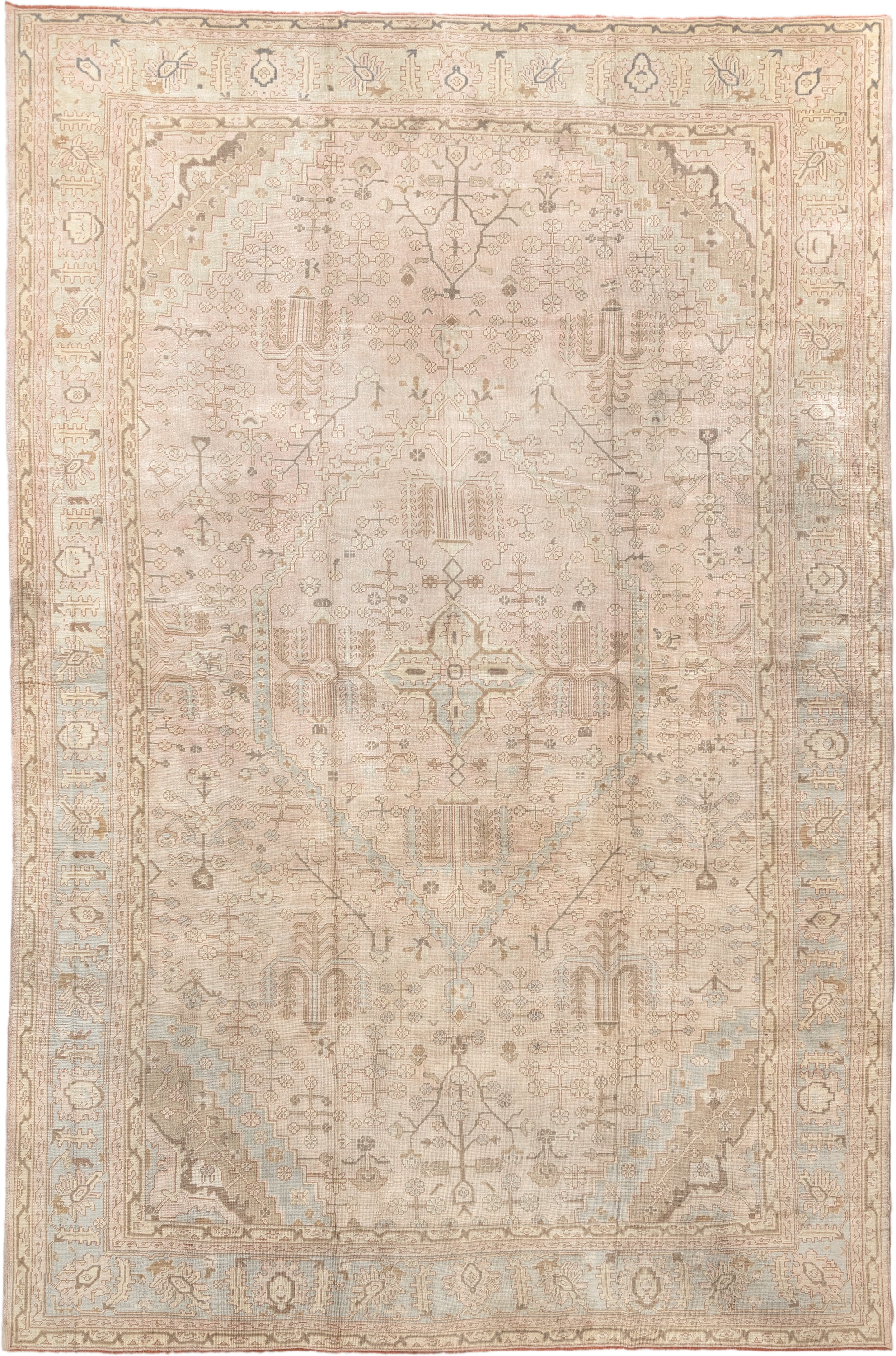 12' x 18' one-of-a-kind handmade antique Oushak oversize rug. Color palette: ivory, taupe, pale blue, faded terracotta