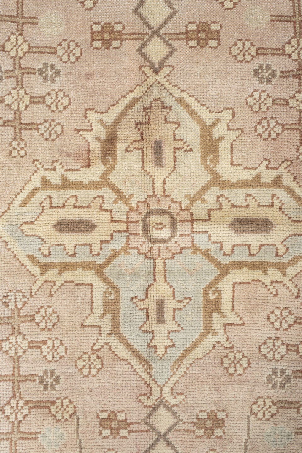 12' x 18' one-of-a-kind handmade antique Oushak oversize rug. Color palette: ivory, taupe, pale blue, faded terracotta