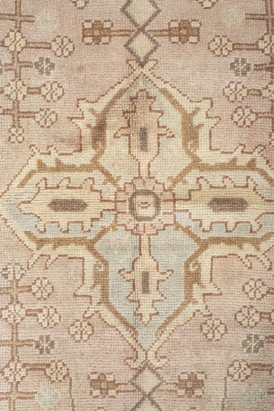 12' x 18' one-of-a-kind handmade antique Oushak oversize rug. Color palette: ivory, taupe, pale blue, faded terracotta