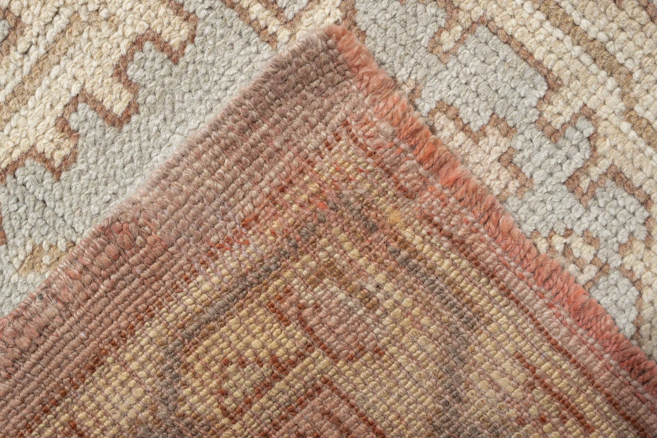 12' x 18' one-of-a-kind handmade antique Oushak oversize rug. Color palette: ivory, taupe, pale blue, faded terracotta