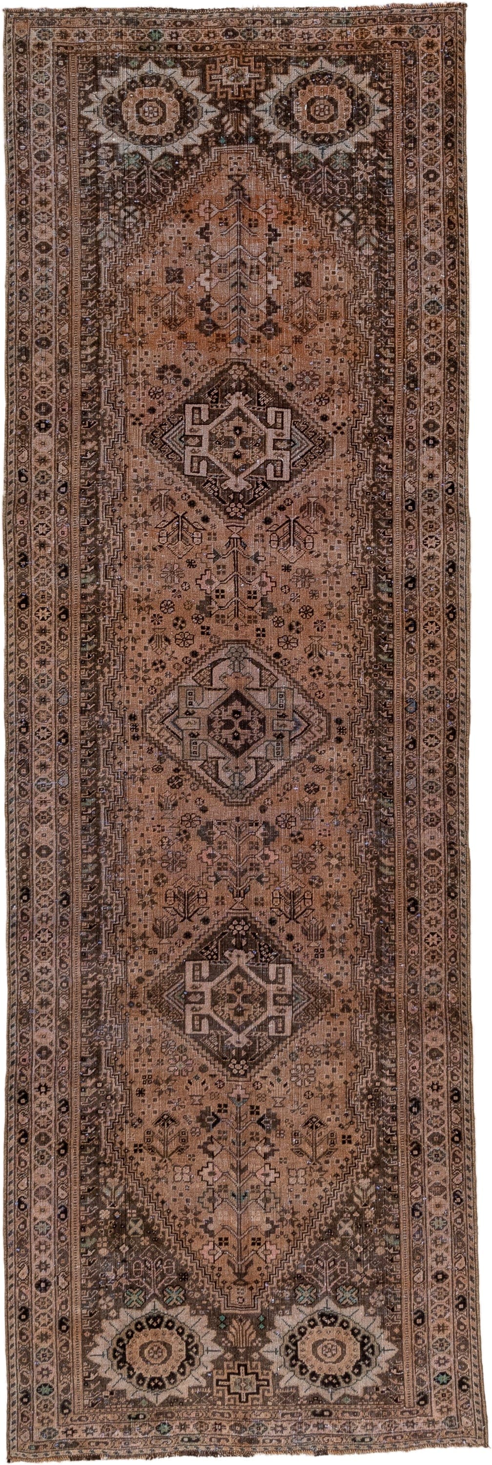 3' x 10' one-of-a-kind handmade vintage Shiraz runner rug. Color palette: taupe, camel, brown, ivory, charcoal, sage, beige