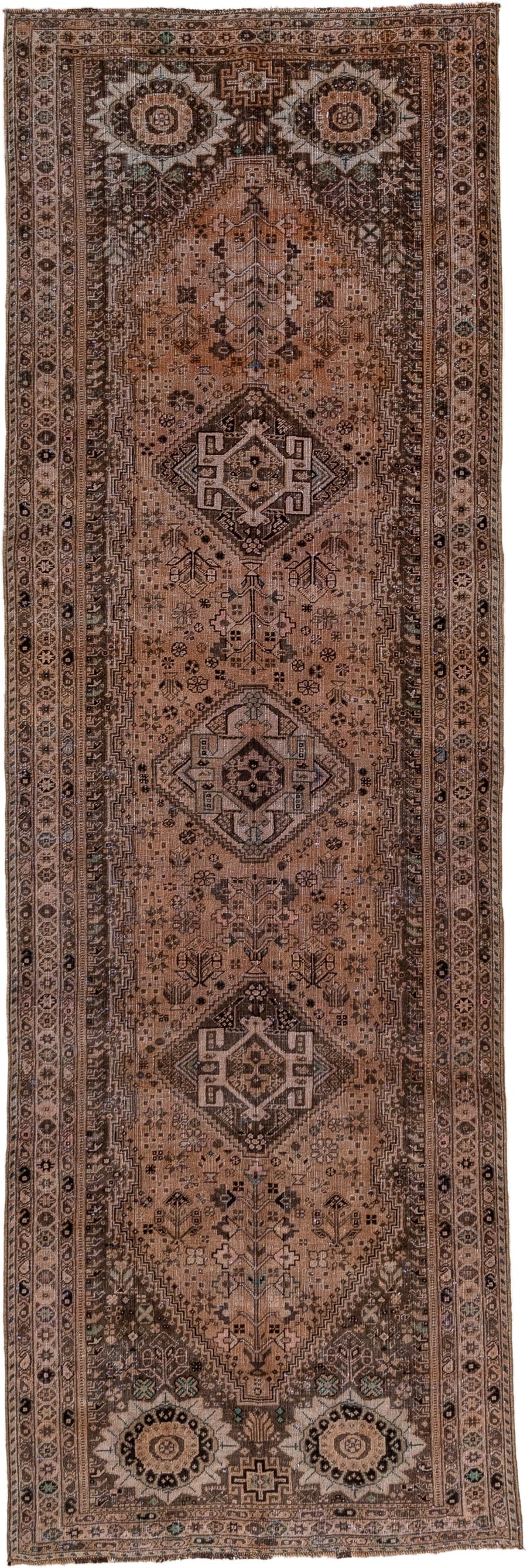 3' x 10' one-of-a-kind handmade vintage Shiraz runner rug. Color palette: taupe, camel, brown, ivory, charcoal, sage, beige