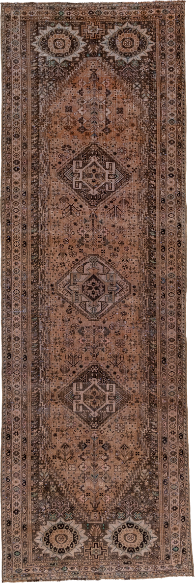 3' x 10' one-of-a-kind handmade vintage Shiraz runner rug. Color palette: taupe, camel, brown, ivory, charcoal, sage, beige