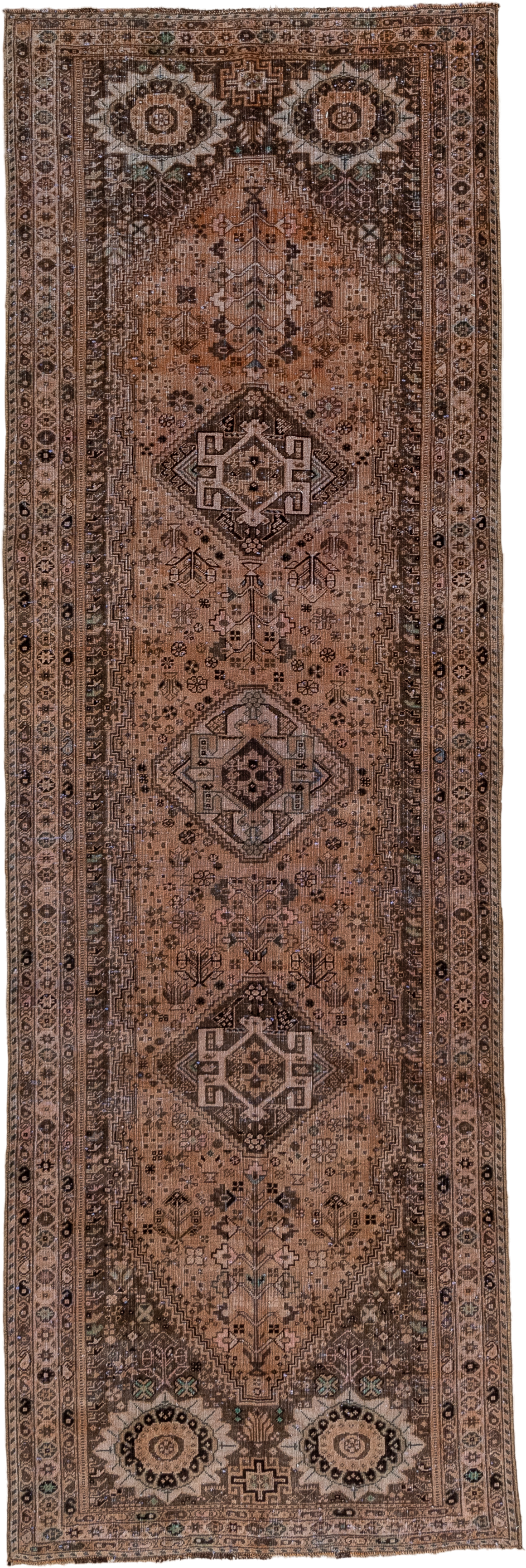 3' x 10' one-of-a-kind handmade vintage Shiraz runner rug. Color palette: taupe, camel, brown, ivory, charcoal, sage, beige