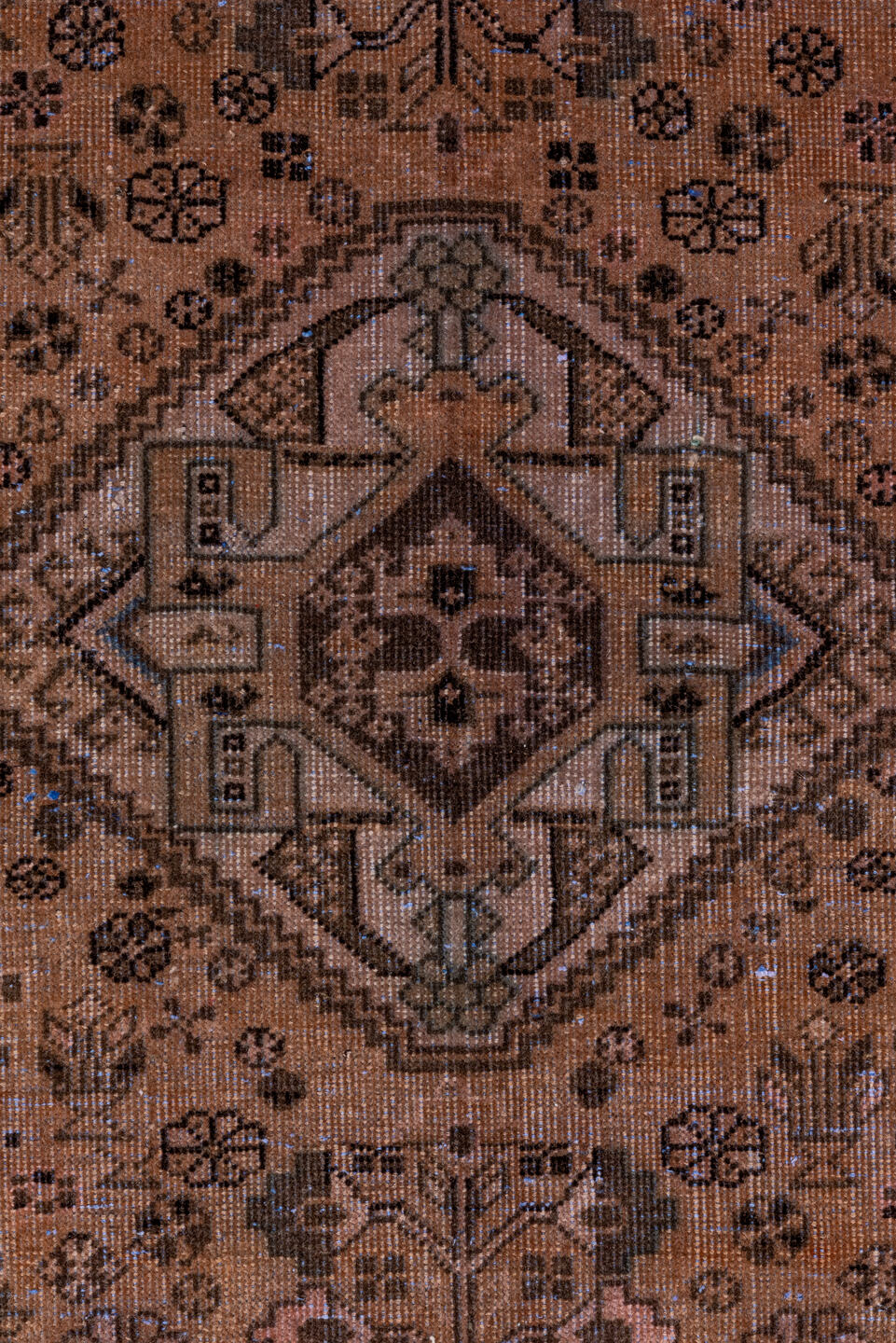 3' x 10' one-of-a-kind handmade vintage Shiraz runner rug. Color palette: taupe, camel, brown, ivory, charcoal, sage, beige