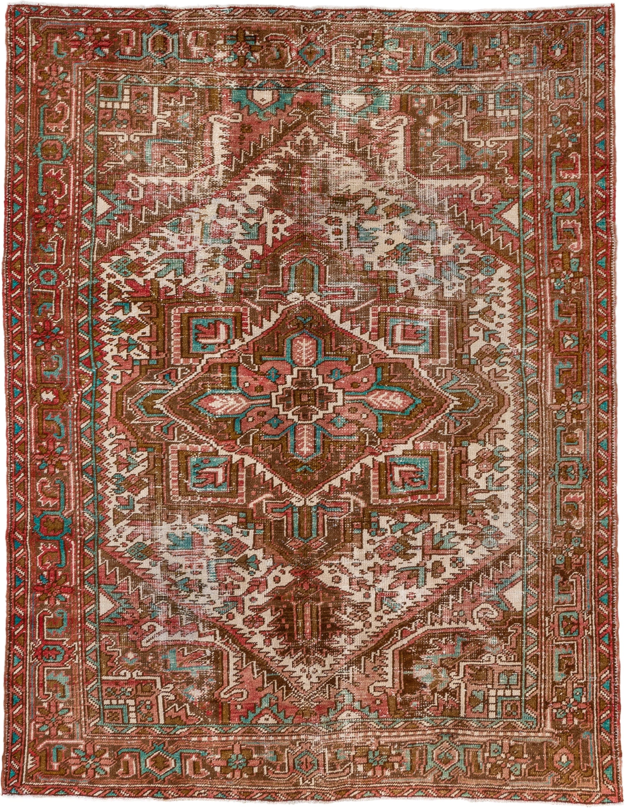 6' x 8' one-of-a-kind handmade vintage Heriz medium size rug. Color palette: rust, brown, ivory, turquoise, rose, terracotta