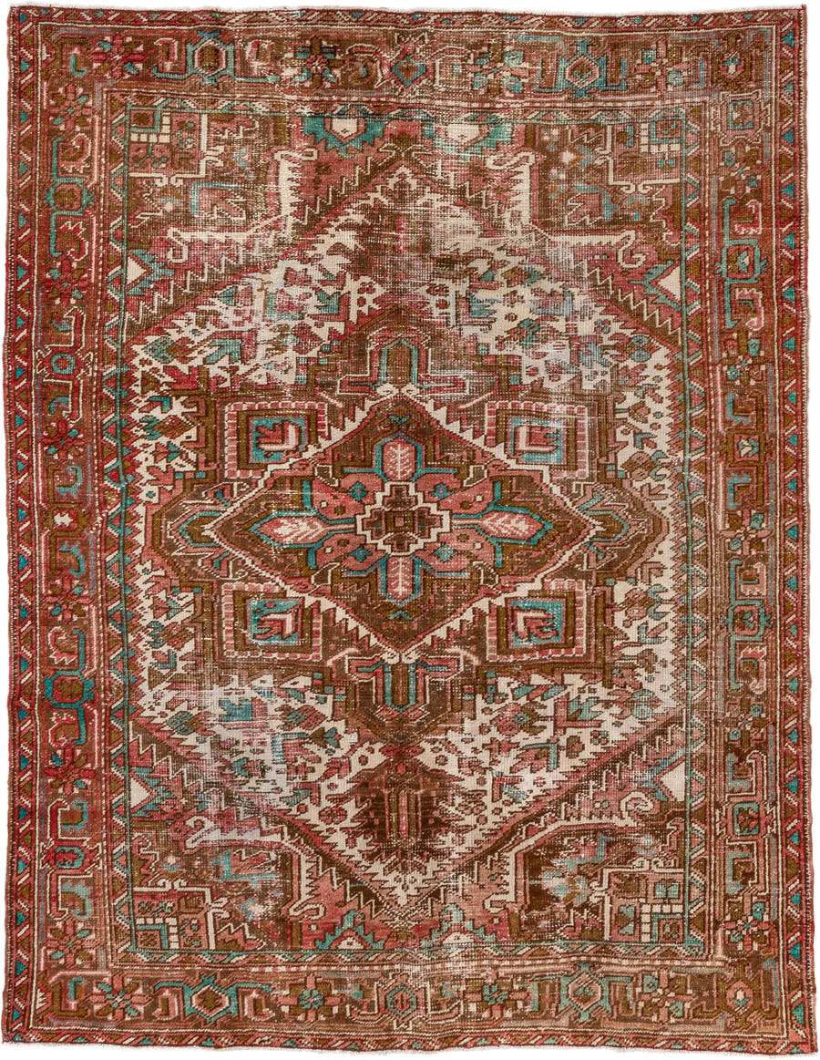 6' x 8' one-of-a-kind handmade vintage Heriz medium size rug. Color palette: rust, brown, ivory, turquoise, rose, terracotta