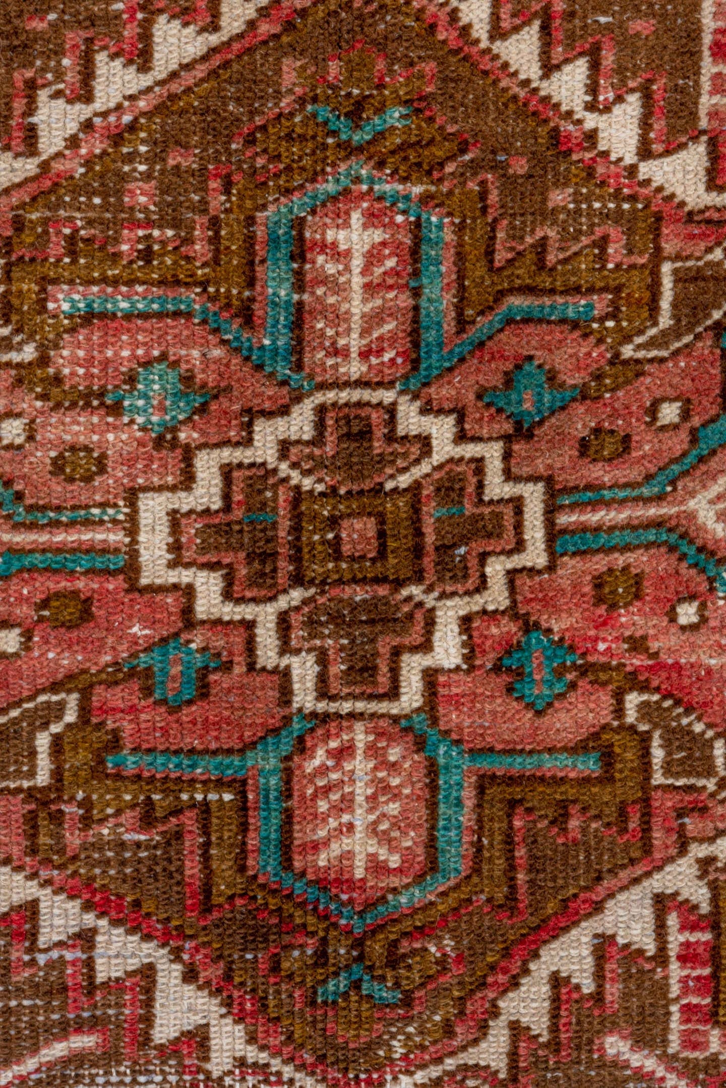 6' x 8' one-of-a-kind handmade vintage Heriz medium size rug. Color palette: rust, brown, ivory, turquoise, rose, terracotta