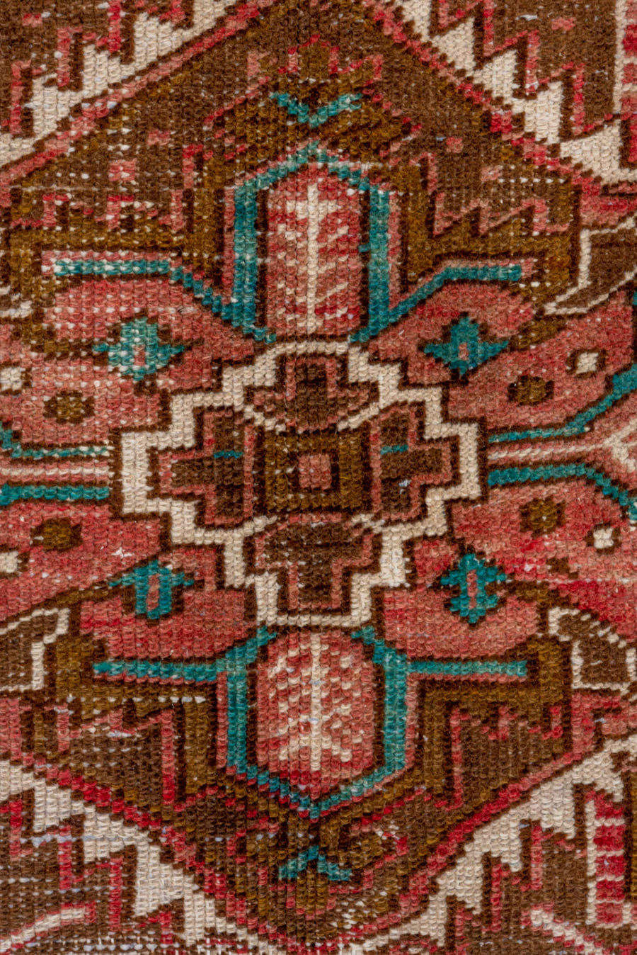 6' x 8' one-of-a-kind handmade vintage Heriz medium size rug. Color palette: rust, brown, ivory, turquoise, rose, terracotta