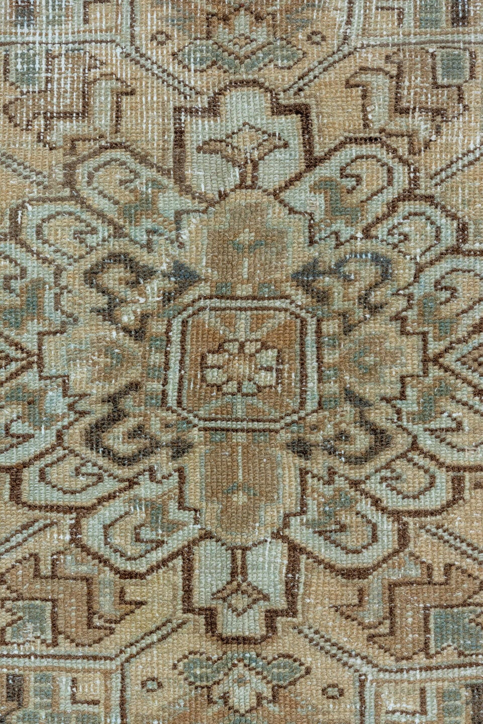 6' x 9' one-of-a-kind handmade vintage Heriz medium size rug. Color palette: camel, ivory, pale blue, taupe, charcoal, beige