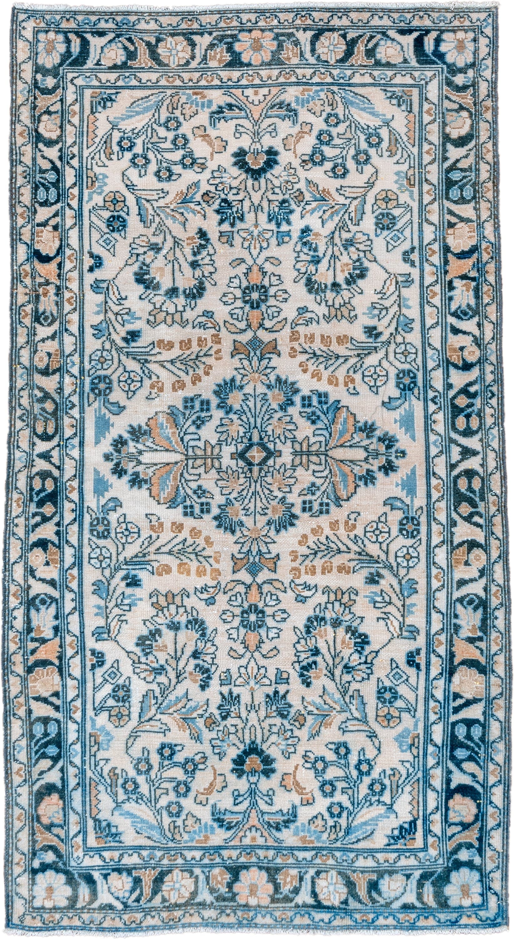 3' x 6' one-of-a-kind handmade vintage Lilian small size rug. Color palette: ivory, sky blue, teal, camel, navy, taupe