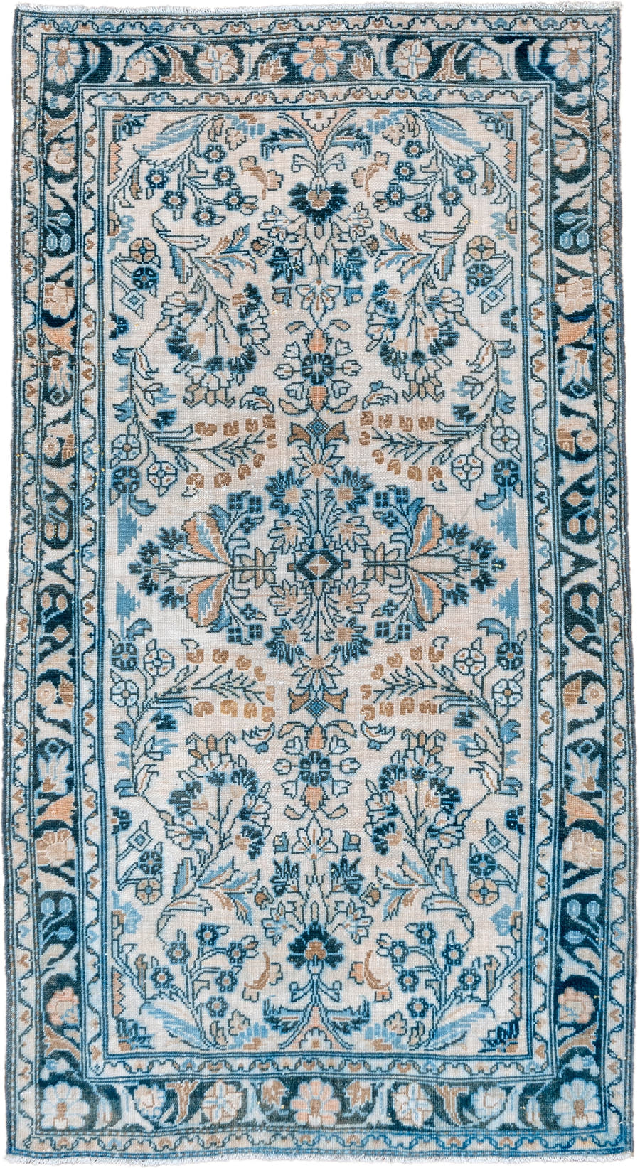 3' x 6' one-of-a-kind handmade vintage Lilian small size rug. Color palette: ivory, sky blue, teal, camel, navy, taupe