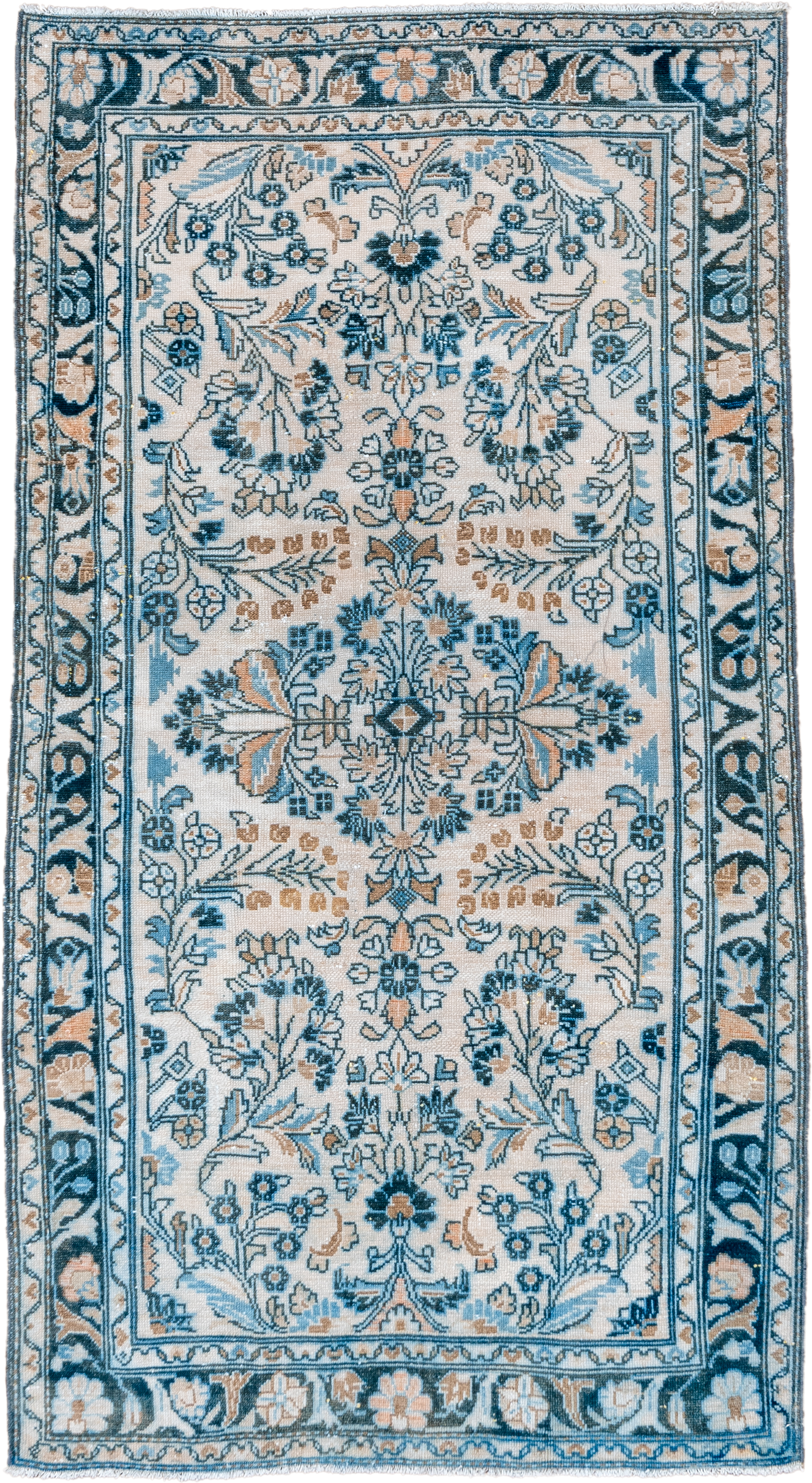 3' x 6' one-of-a-kind handmade vintage Lilian small size rug. Color palette: ivory, sky blue, teal, camel, navy, taupe