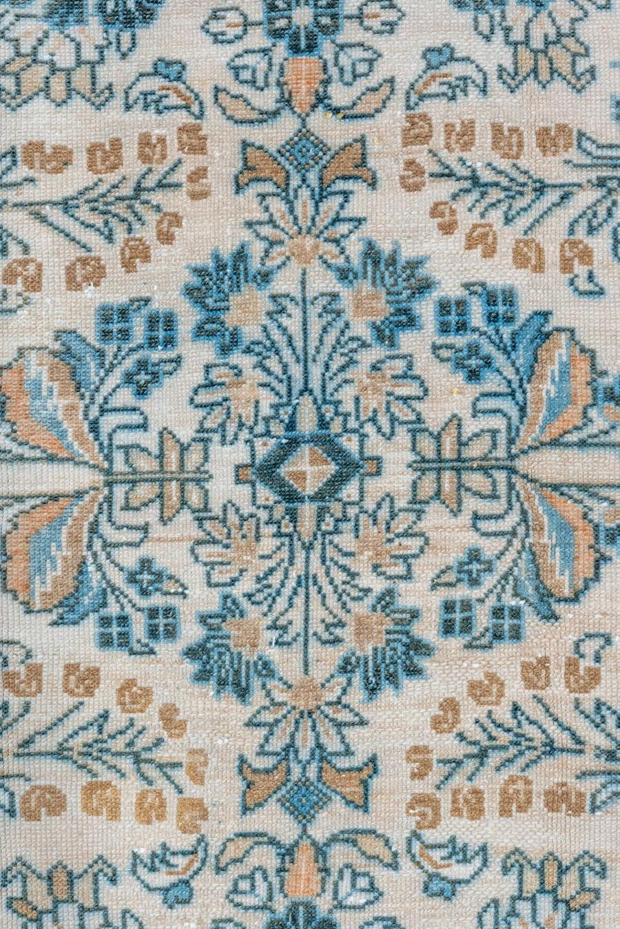 3' x 6' one-of-a-kind handmade vintage Lilian small size rug. Color palette: ivory, sky blue, teal, camel, navy, taupe
