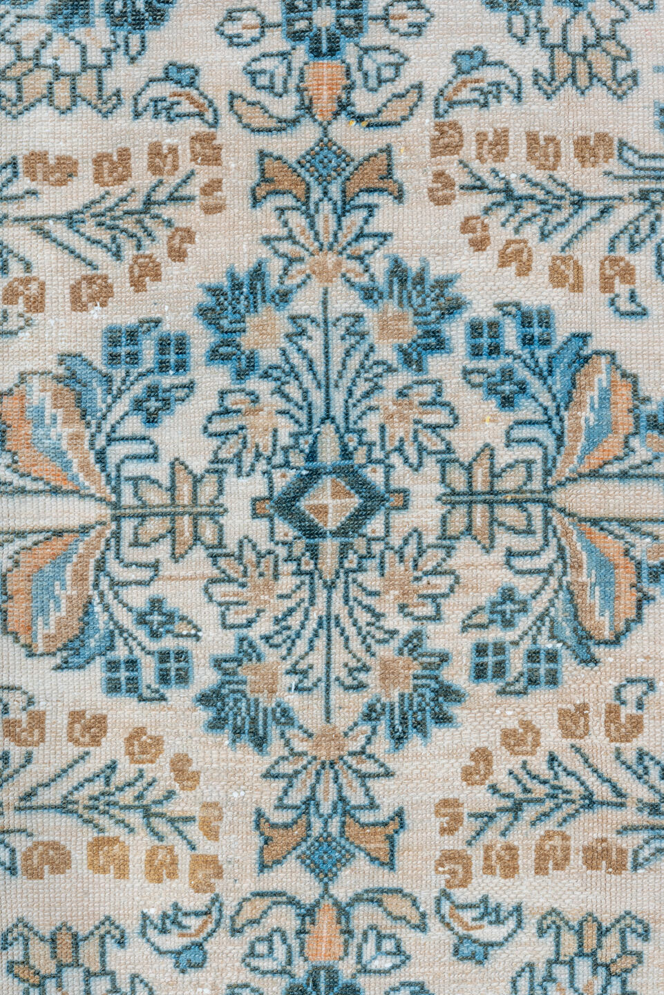 3' x 6' one-of-a-kind handmade vintage Lilian small size rug. Color palette: ivory, sky blue, teal, camel, navy, taupe