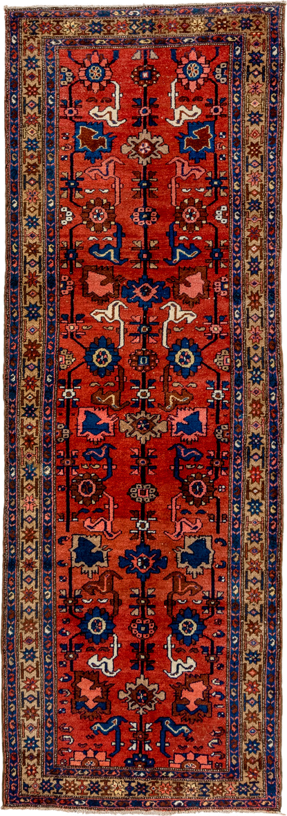 3' x 9' one-of-a-kind handmade vintage Malayer runner rug. Color palette: terra cotta, ivory, navy, blue, rose, brown