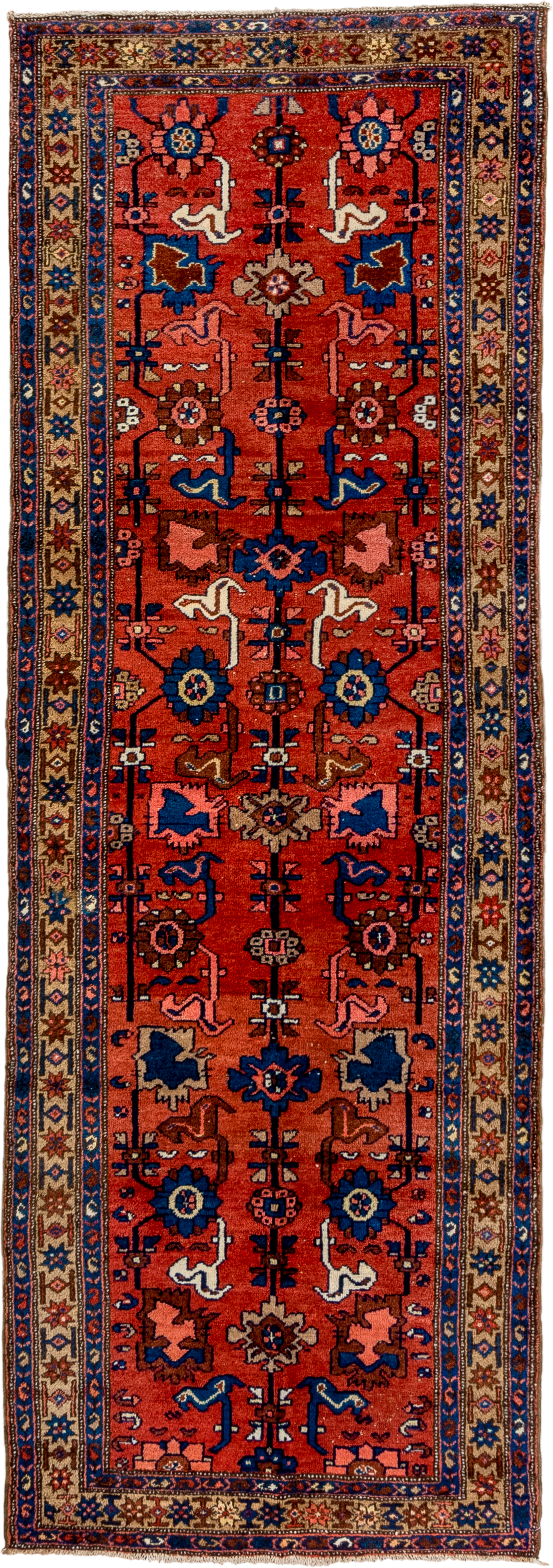 3' x 9' one-of-a-kind handmade vintage Malayer runner rug. Color palette: terra cotta, ivory, navy, blue, rose, brown