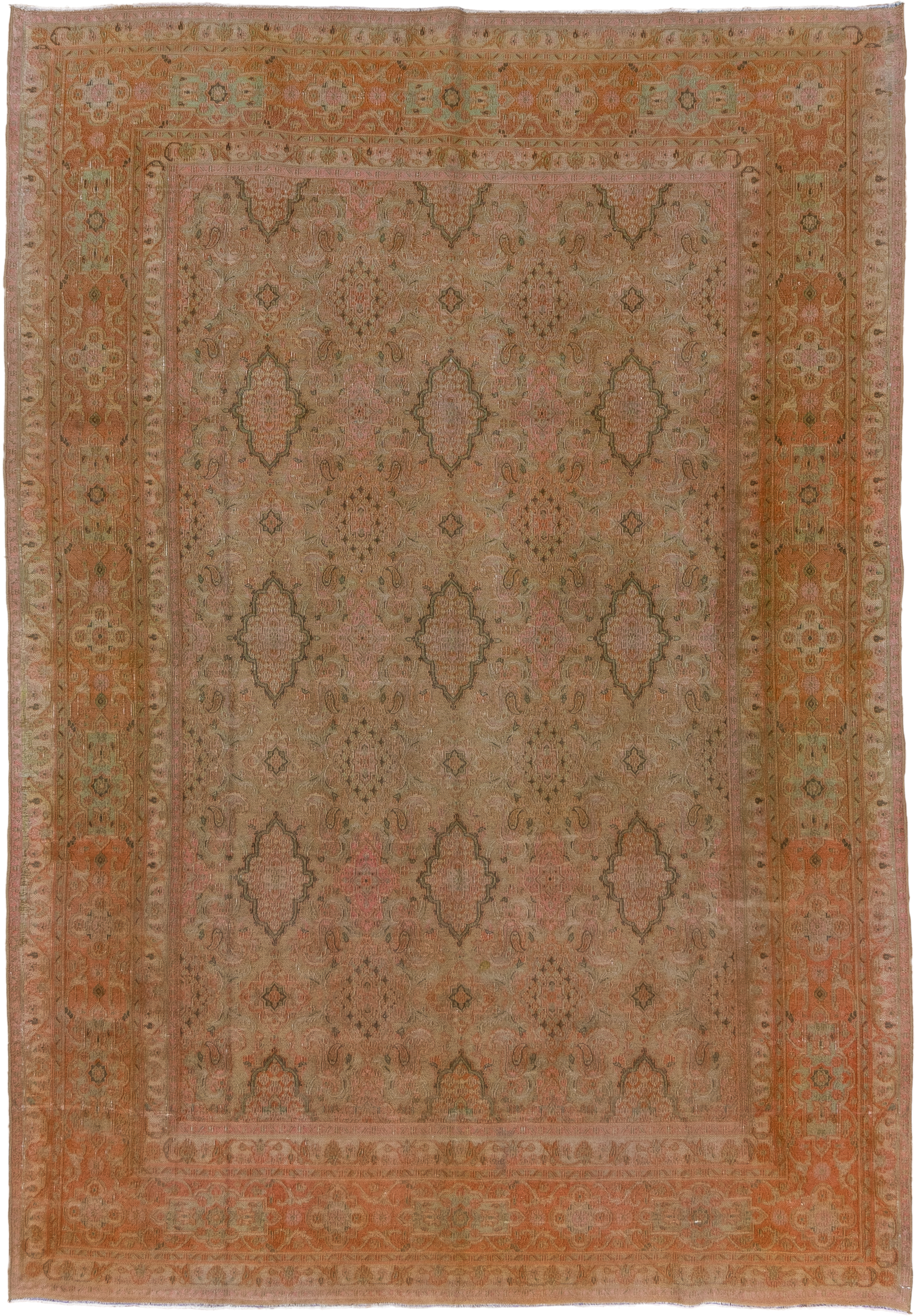 7' x 10' one-of-a-kind handmade vintage Khorassan large size rug. Color palette: taupe, terra cotta, sage, blush, camel