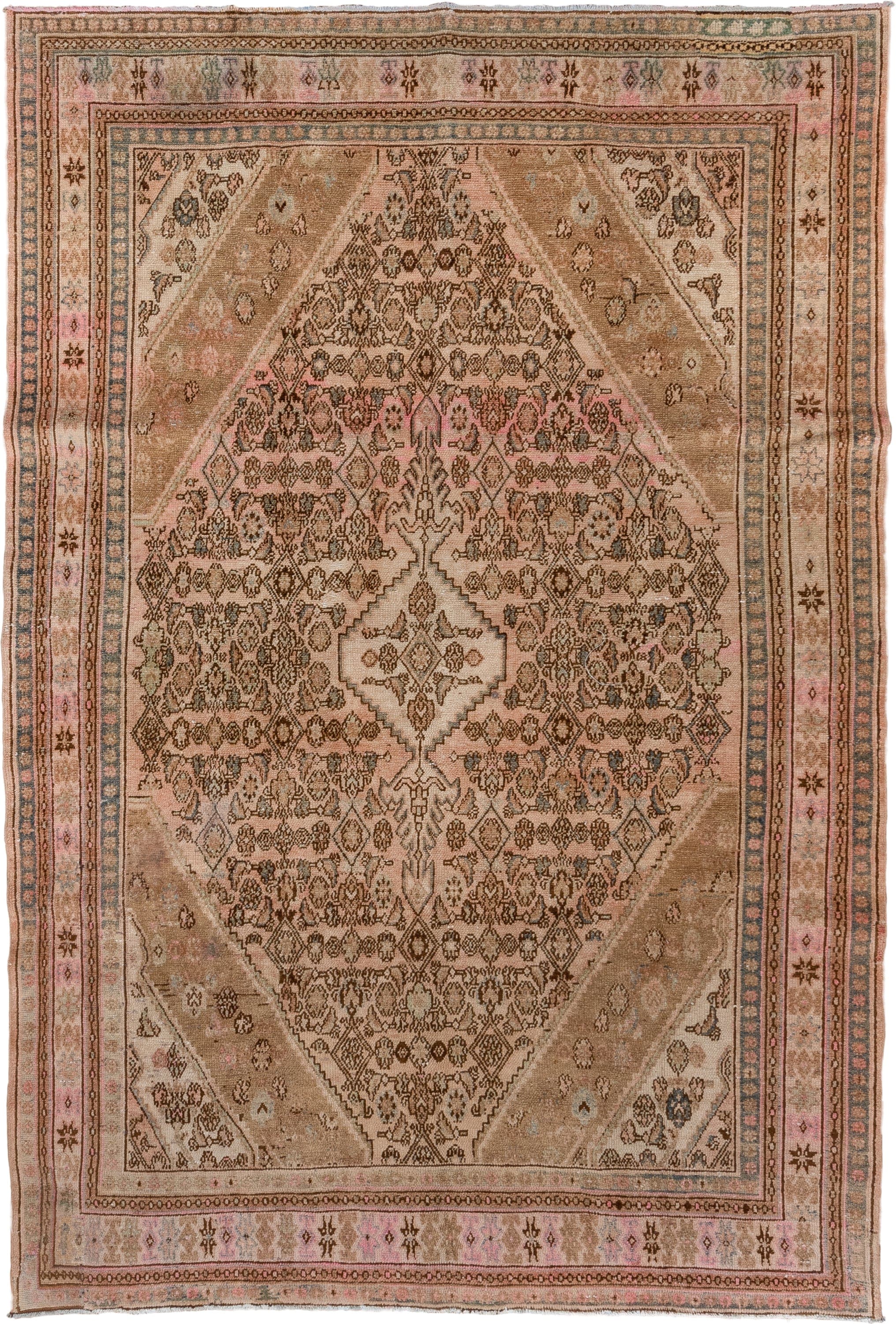 7' x 10' one-of-a-kind handmade vintage Hamadan large size rug. Color palette: taupe, blush, brown, ivory, dusty rose, slate