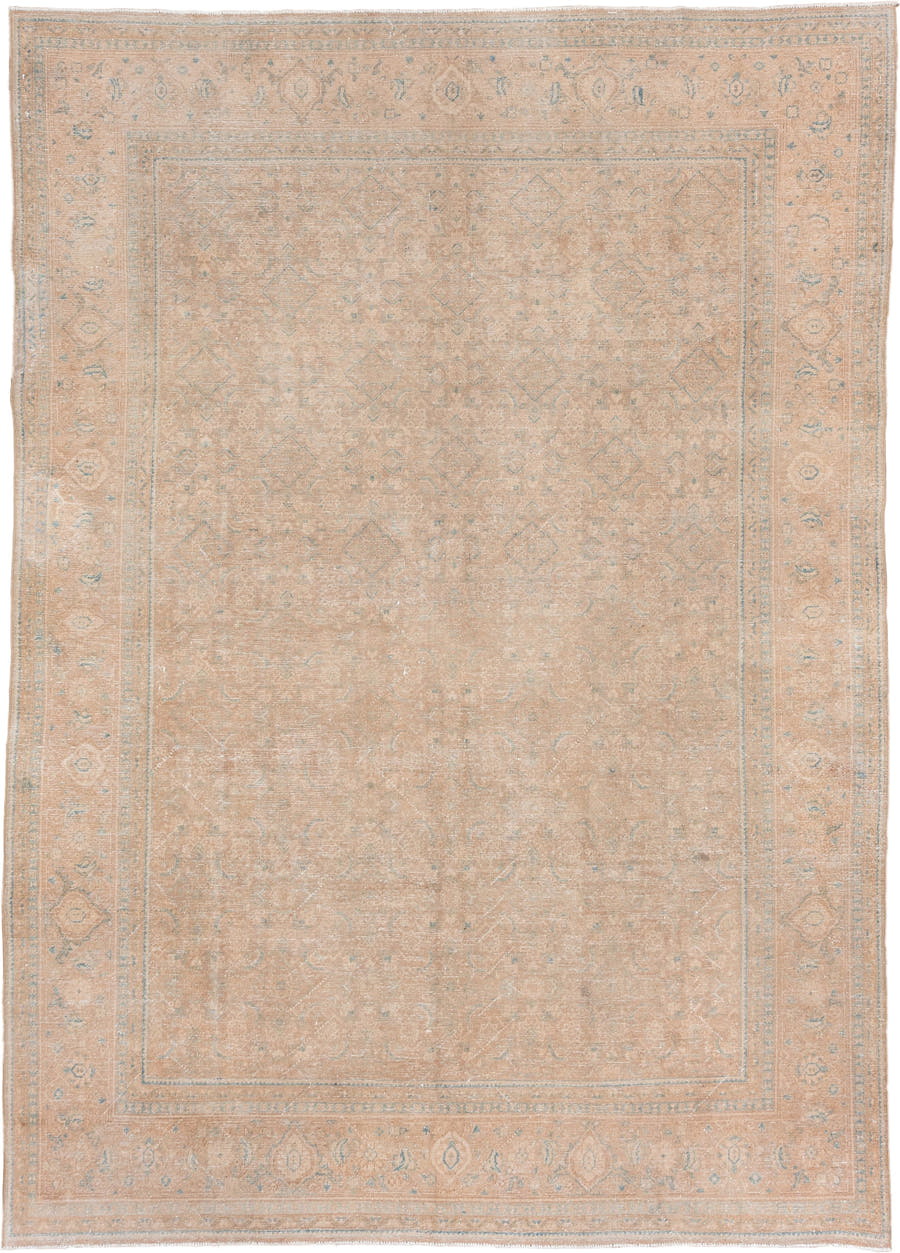 8' x 12' one-of-a-kind handmade vintage Mahal large size rug. Color palette: peach, ivory, pale blue, beige, taupe