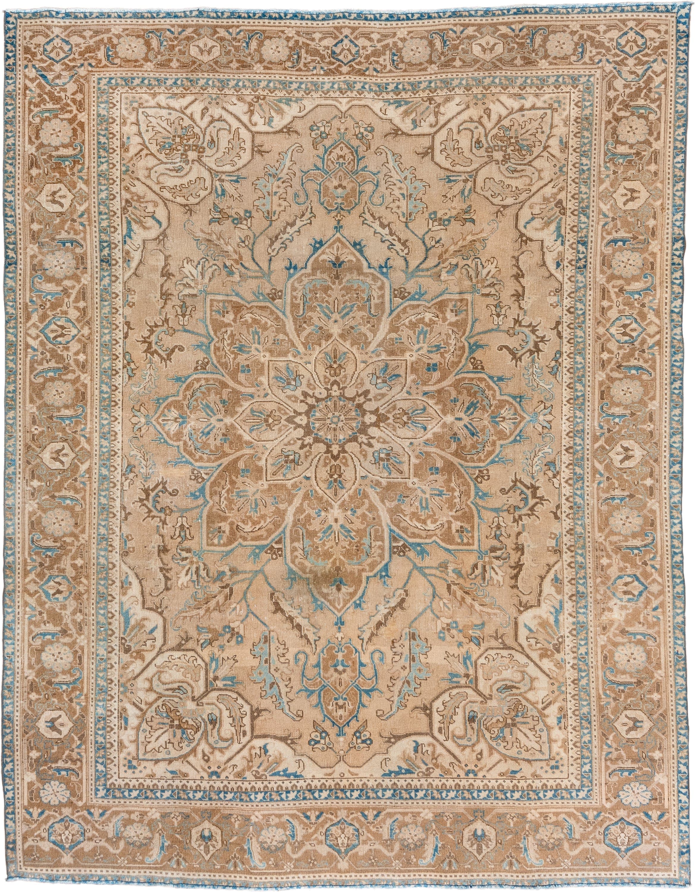 8' x 10' one-of-a-kind handmade vintage Heriz large size rug. Color palette: beige, taupe, camel, ivory, sky blue, brown