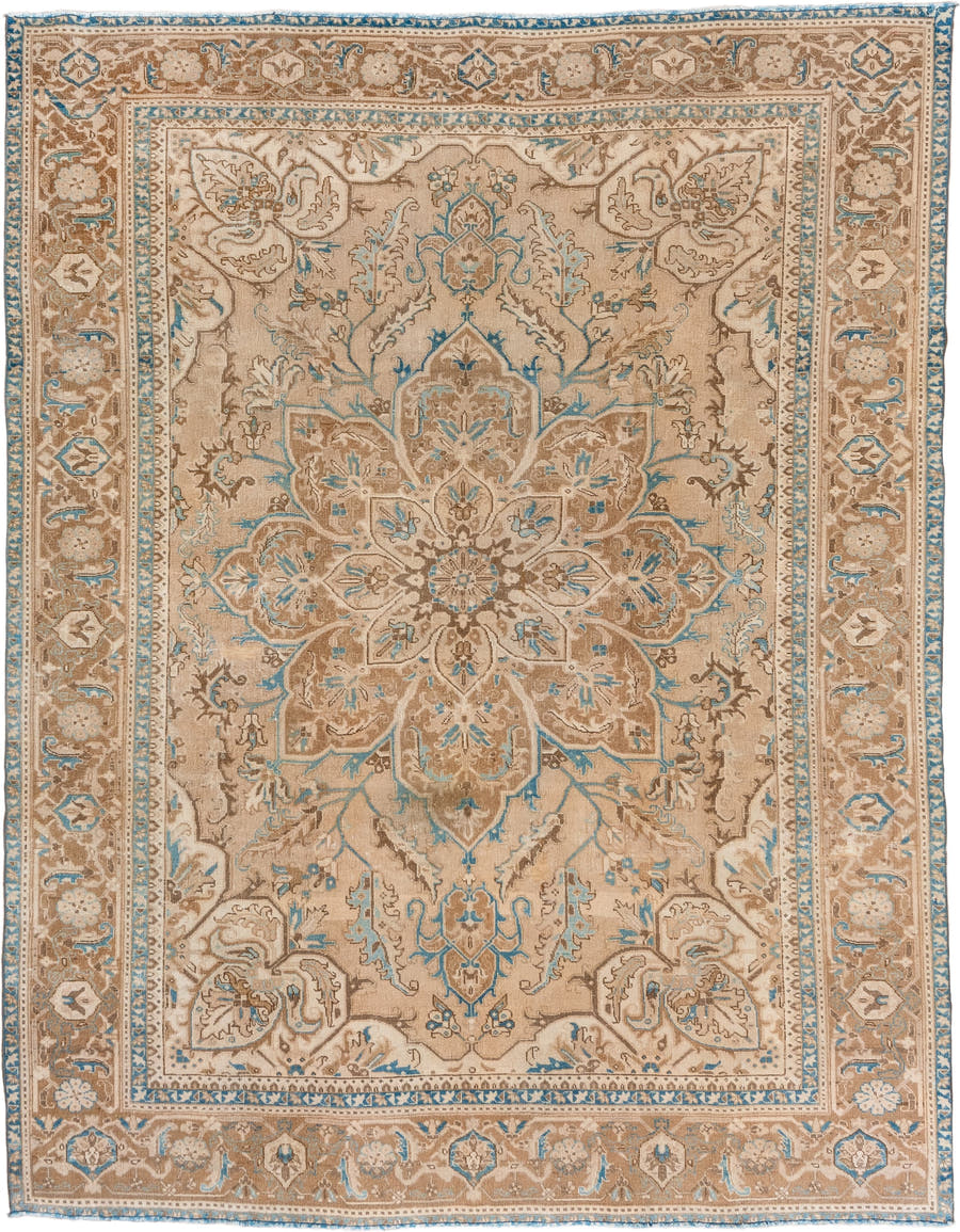 8' x 10' one-of-a-kind handmade vintage Heriz large size rug. Color palette: beige, taupe, camel, ivory, sky blue, brown