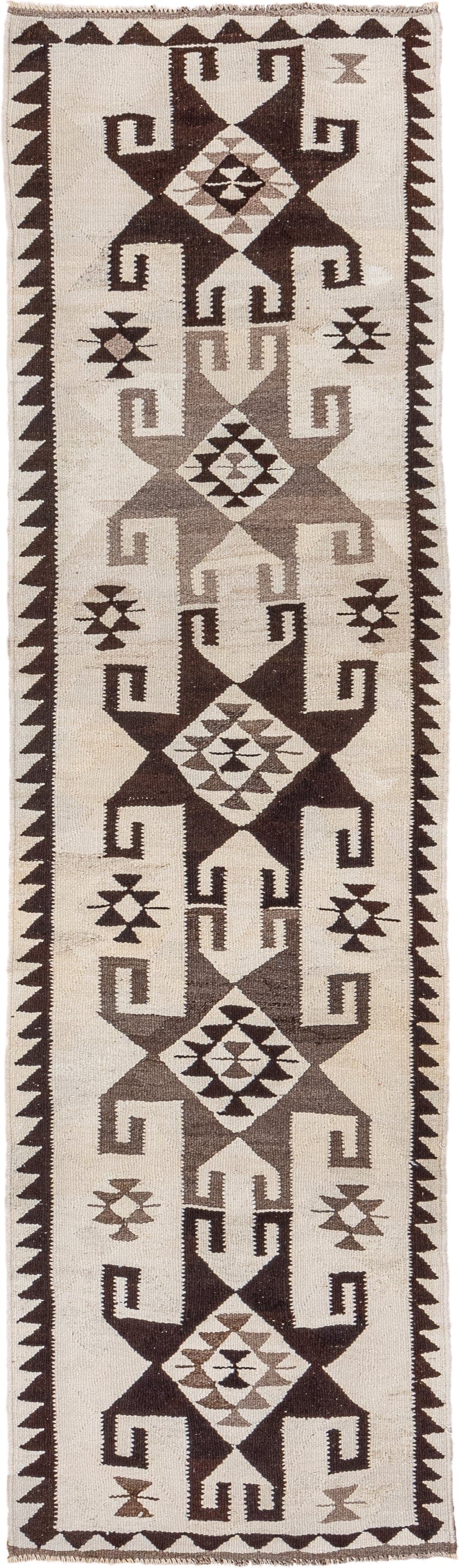 2' x 10' one-of-a-kind handmade vintage Kilim runner rug. Color palette: ivory, brown, taupe, beige, gray