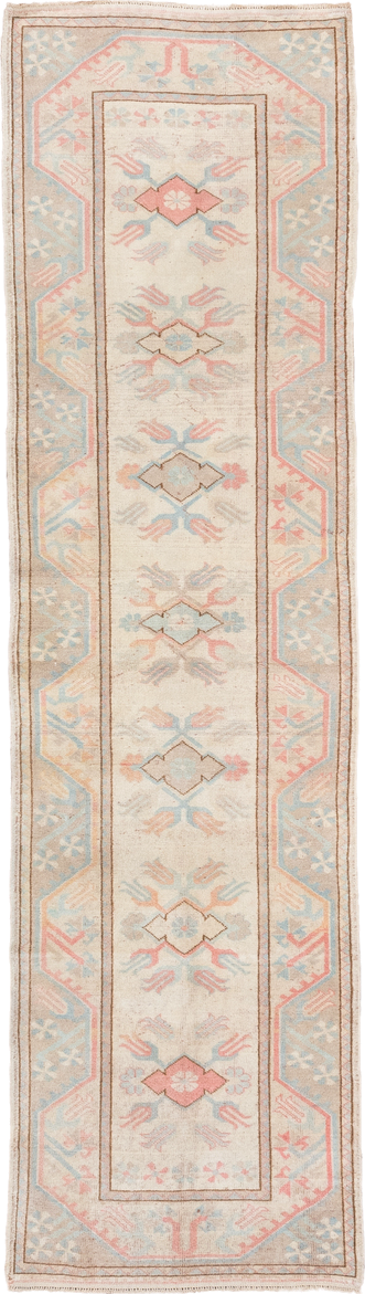 2' x 9' one-of-a-kind handmade vintage Oushak runner rug. Color palette: ivory, pale blue, blush, taupe, cream, peach