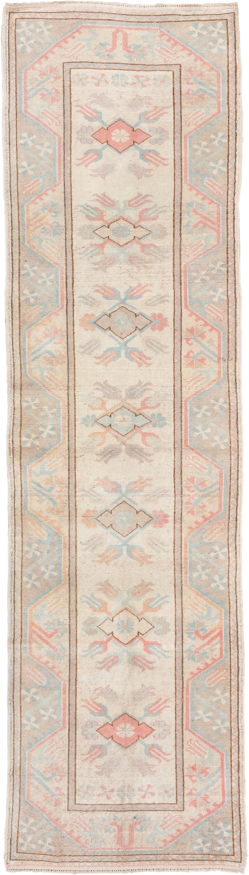 2' x 9' one-of-a-kind handmade vintage Oushak runner rug. Color palette: ivory, pale blue, blush, taupe, cream, peach